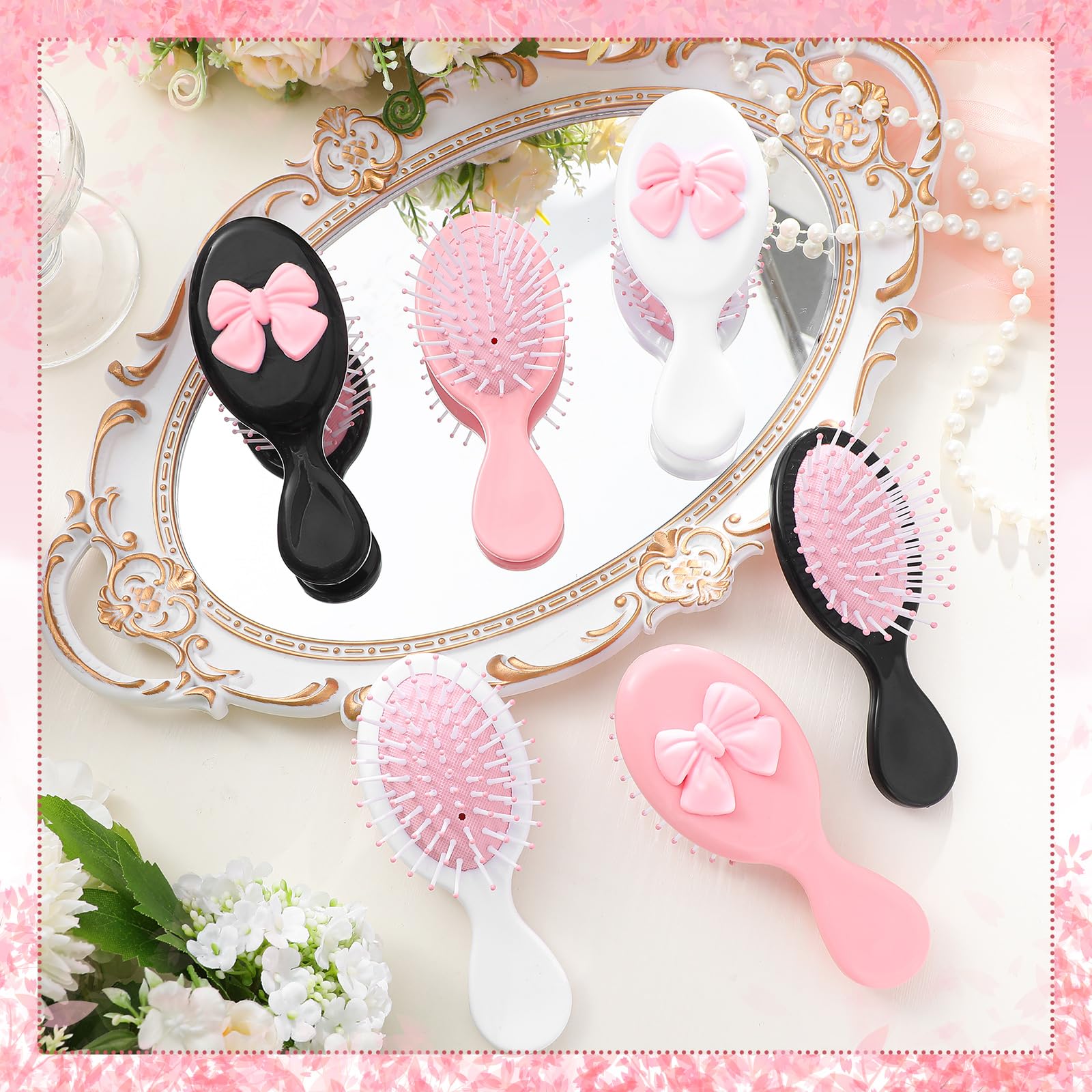 Meanplan 6 Pcs Mini Hair Brush with Bow Travel Detangling Brush Bulk Pink Coquette Small Hairbrush for Dry and Wet Hair Women