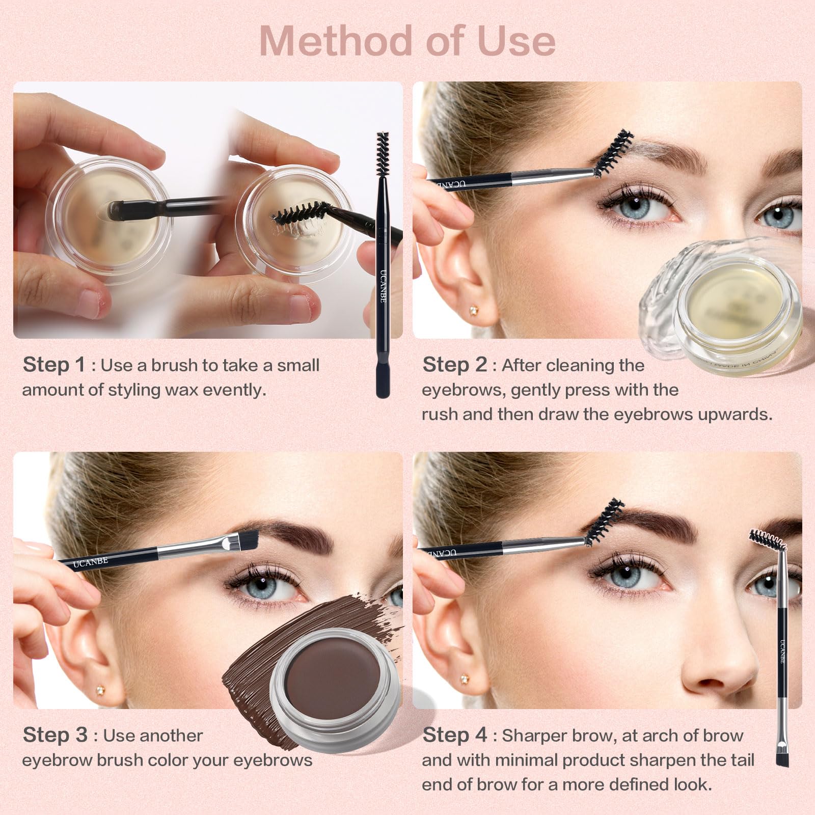 UCANBE Waterproof Eyebrow Gel + Eyebrow Styling Wax 2 in 1 Makeup Kit with 2 Pcs Dual-ended Adjustable Freely Eyebrow Brush Make
