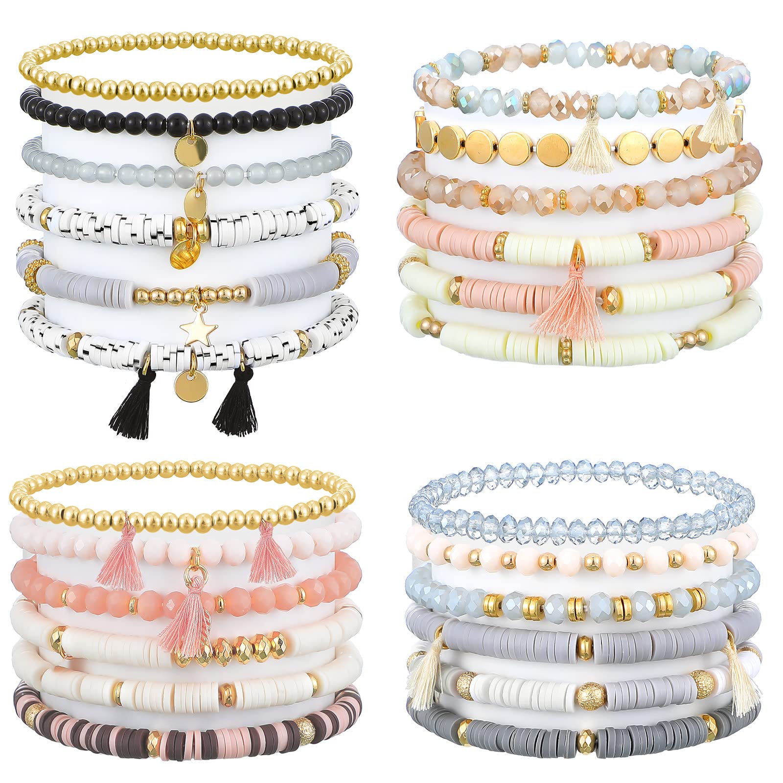 Jadive 24 Pieces Bracelets 4 Set Bead Bracelets Bulk Stackable Bracelets for Women Stretch Heishi Bracelets Clay Boho Disc Brace