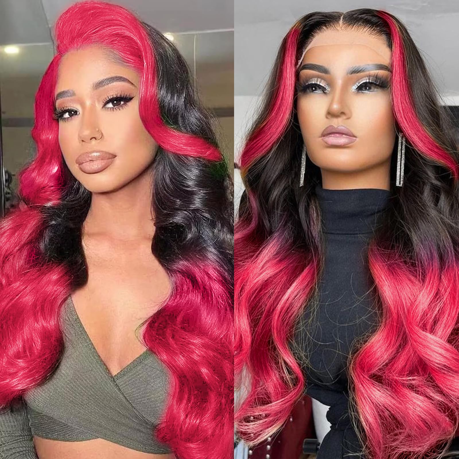 haha Black and Pink Highlight Wig Human Hair Hot Pink Ombre Lace Front Wig 13x6 Body Wave Hd Lace Frontal Wig Pink Skunk Stripe 
