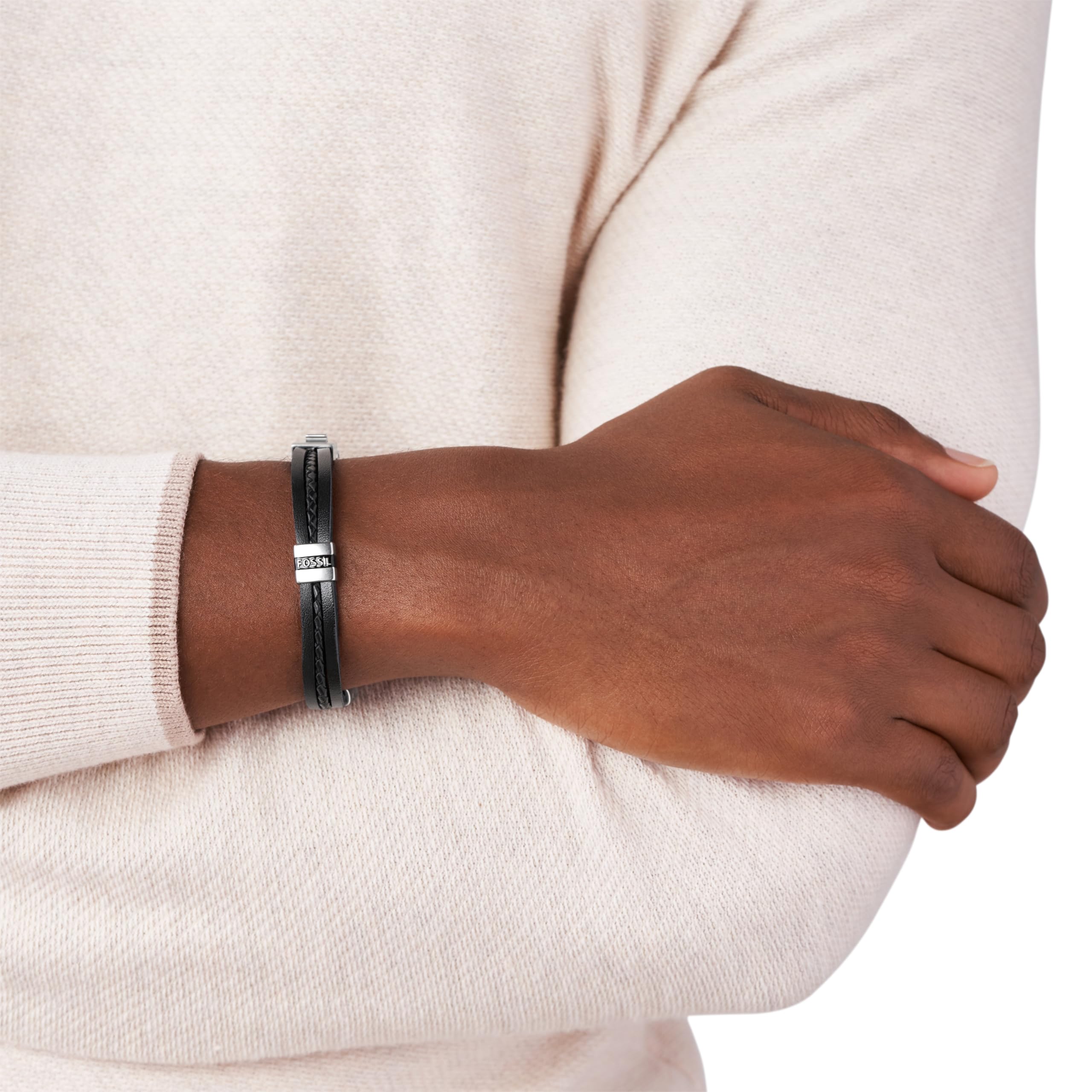 Fossil Men's Leather Bracelet, Color: Black (Model: JF03686040)