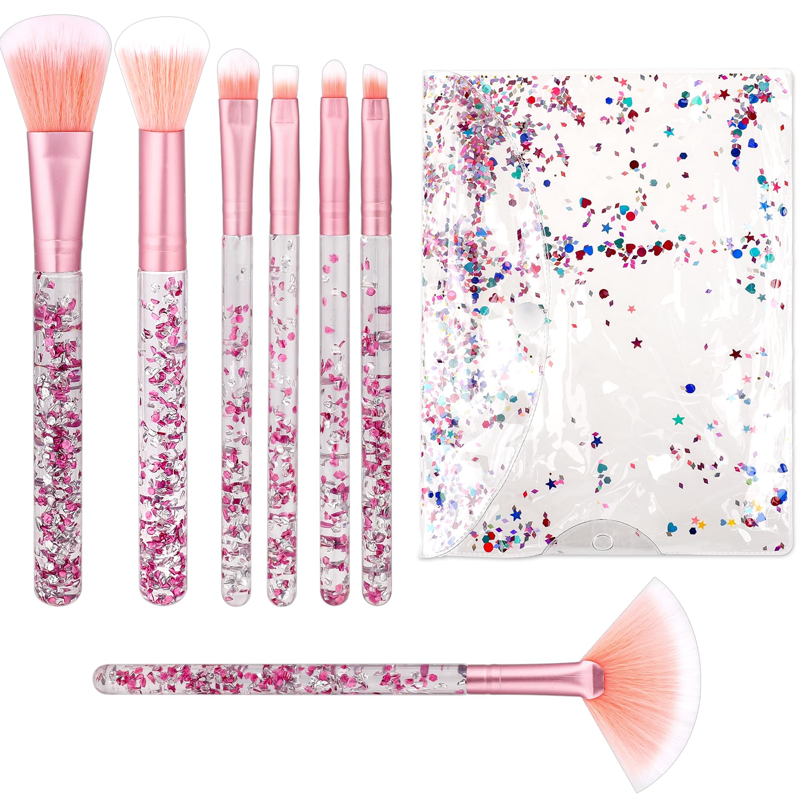 7 PCS Makeup Brushes, Crystal Sparkles Cute Fan Blush Foundation Powder Lip Highlight Eye Shadow Eyebrow Concealers Brush Set wi
