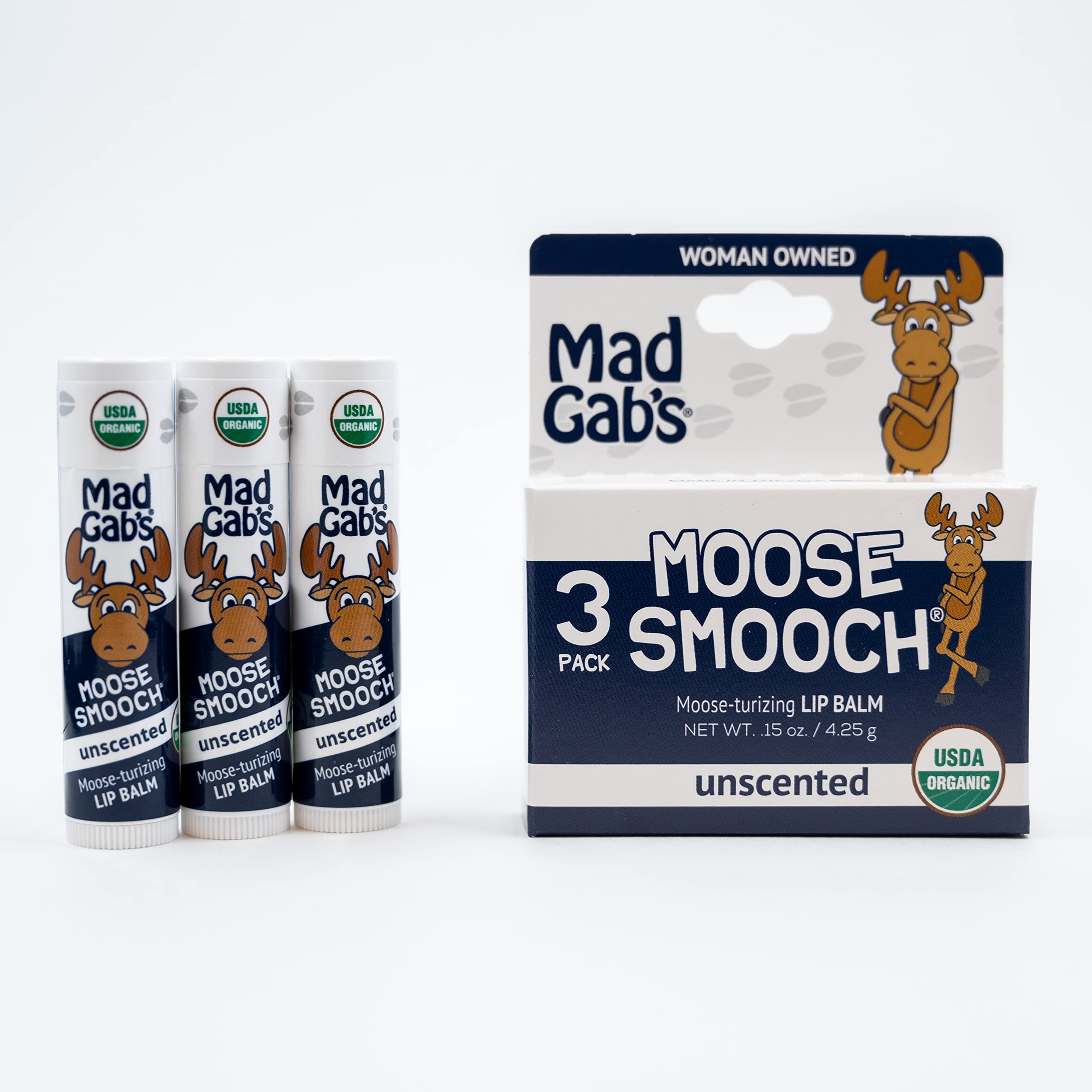 Mad Gab's Moose Smooch Unscented Lip Balm 3pk | Moisturizing and Certified Organic Lip Care | Made with Organic Olive Oil and Be