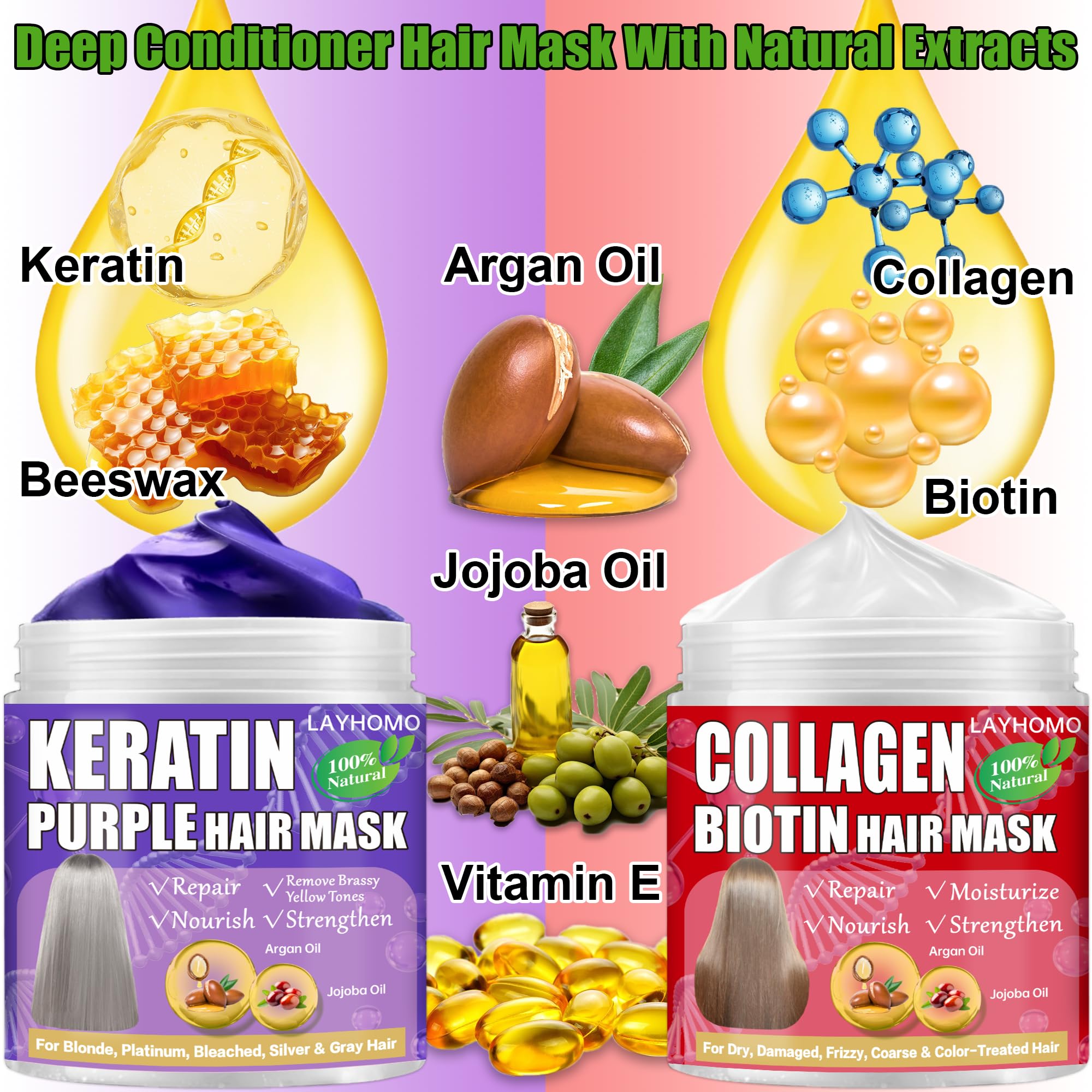 Keratin Hair Treatment-Purple Hair Mask Remove Brassy Yellow For Blonde,Platinum,Bleached Hair & Collagen Hair Mask With Biotin