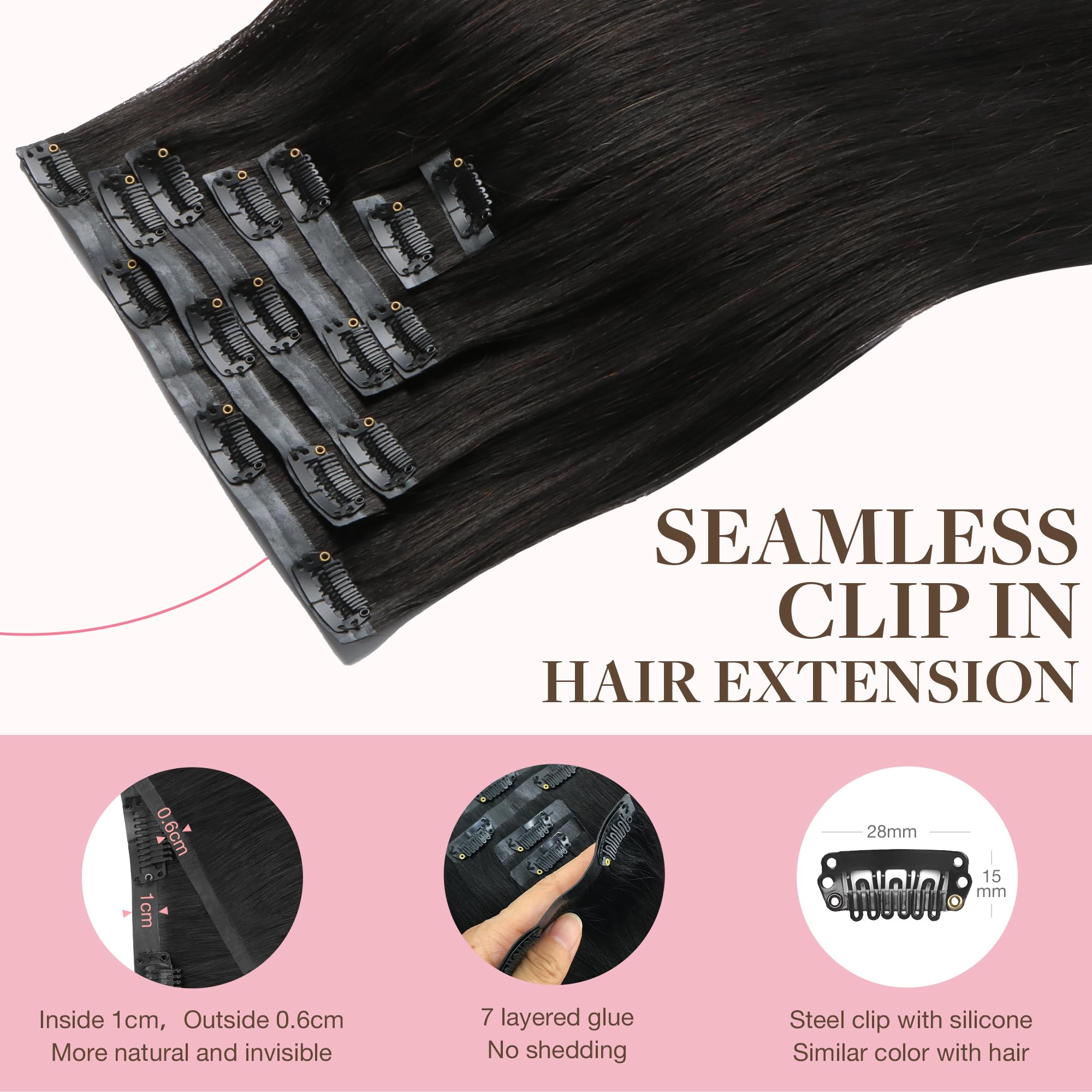 GOO GOO Clip in Hair Extensions Real Human Hair, 14inch 110g 7Pcs, 1B Natural black, Remy Human Hair Extensions Clip ins for Wom