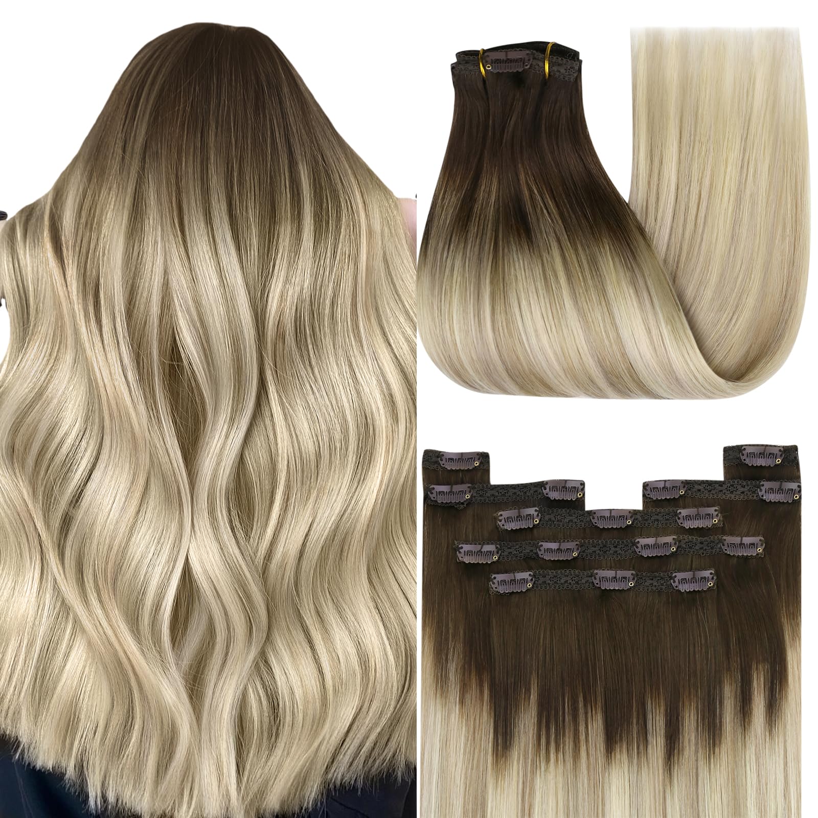YoungSee 150G Clip in Hair Extensions Human Hair Ombre Remy Human Hair Extensions Clip ins Dark Brown Ombre Golden Blonde Mix Pl