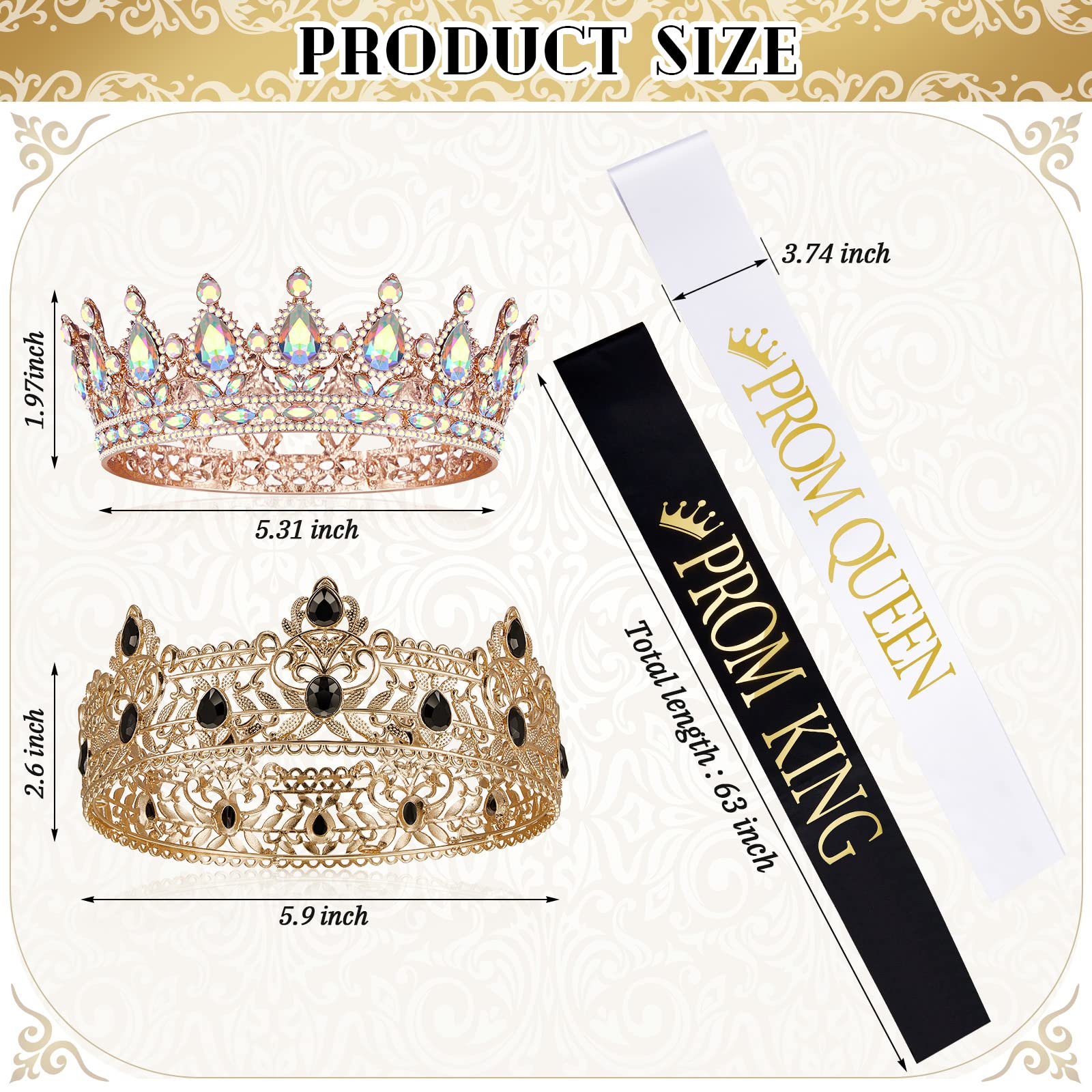 4 Pieces Gold King Crown Tiara Crowns For Men Women Prom Queen And King Satin Sash Rhinestone Crown For Wedding Graduation (Ab D