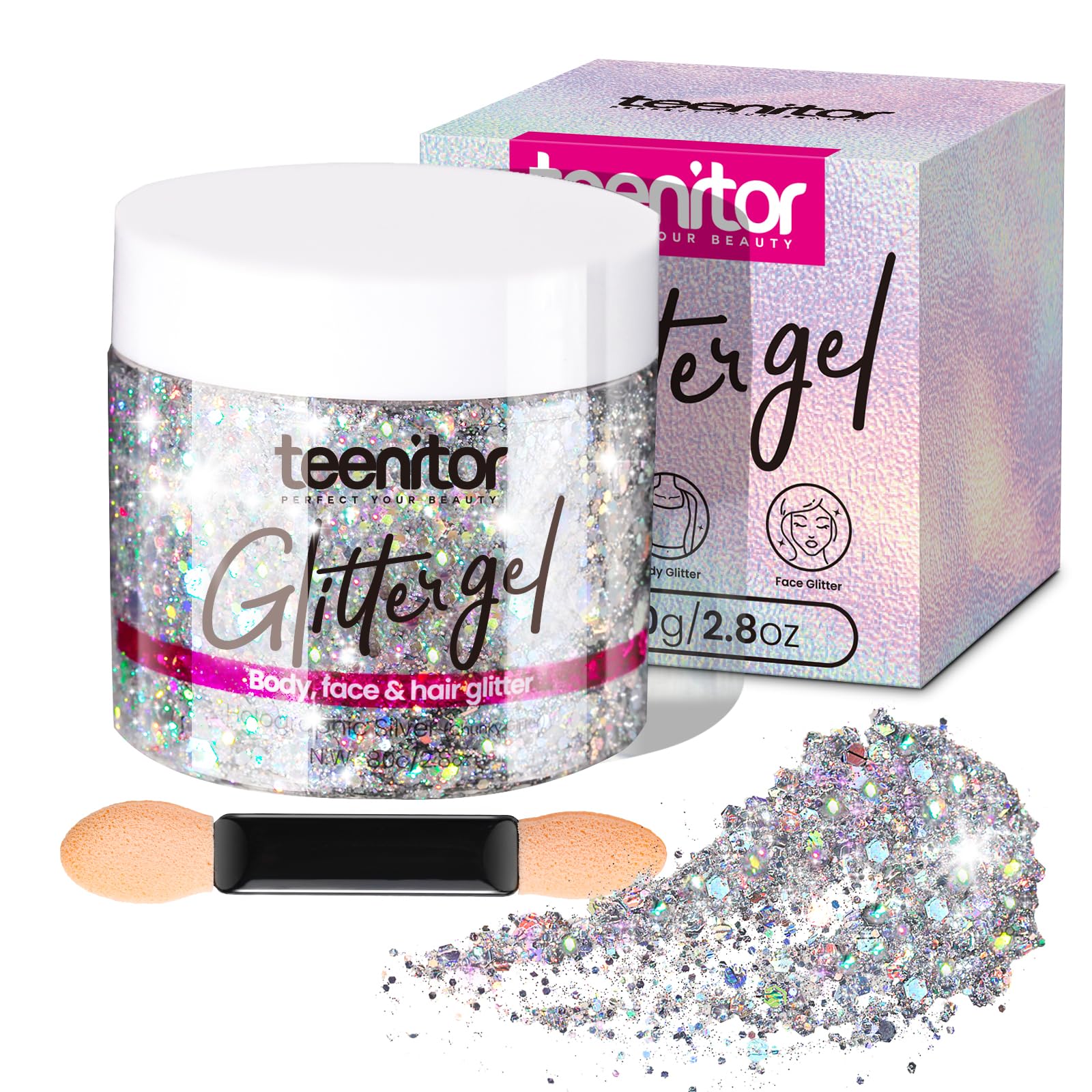 Teenitor Body Glitter, Silver Glitter, Body Glitter Gel, Hair Glitter, Face Glitter, Silver Glitter Gel for Face, Makeup, Hair, 