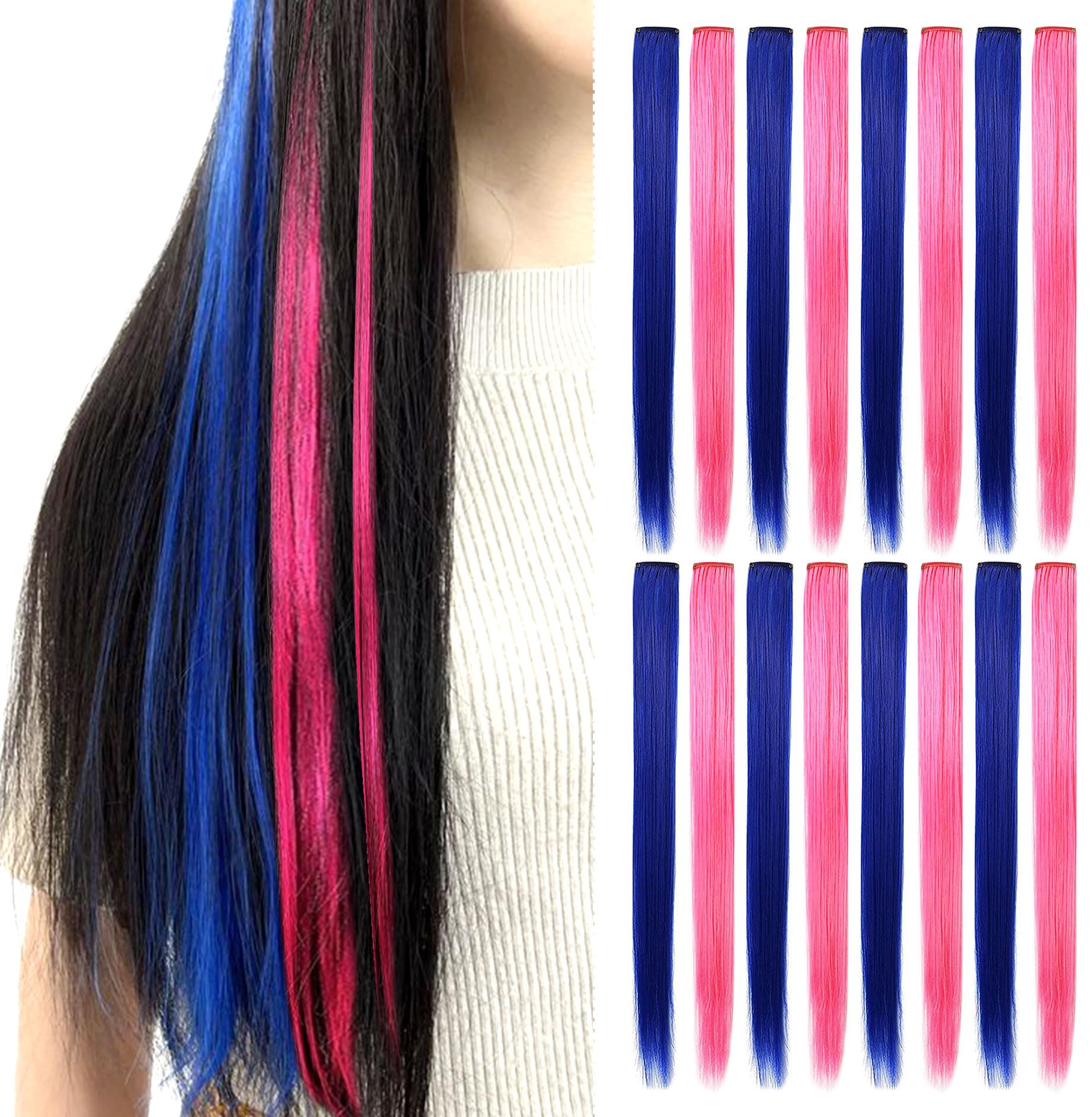 SARARHY 16 Pcs Blue and Pink Hair Extensions Colored Hair Extensions Clip in Straight Synthetic Holiday Party Highlights 21 inch