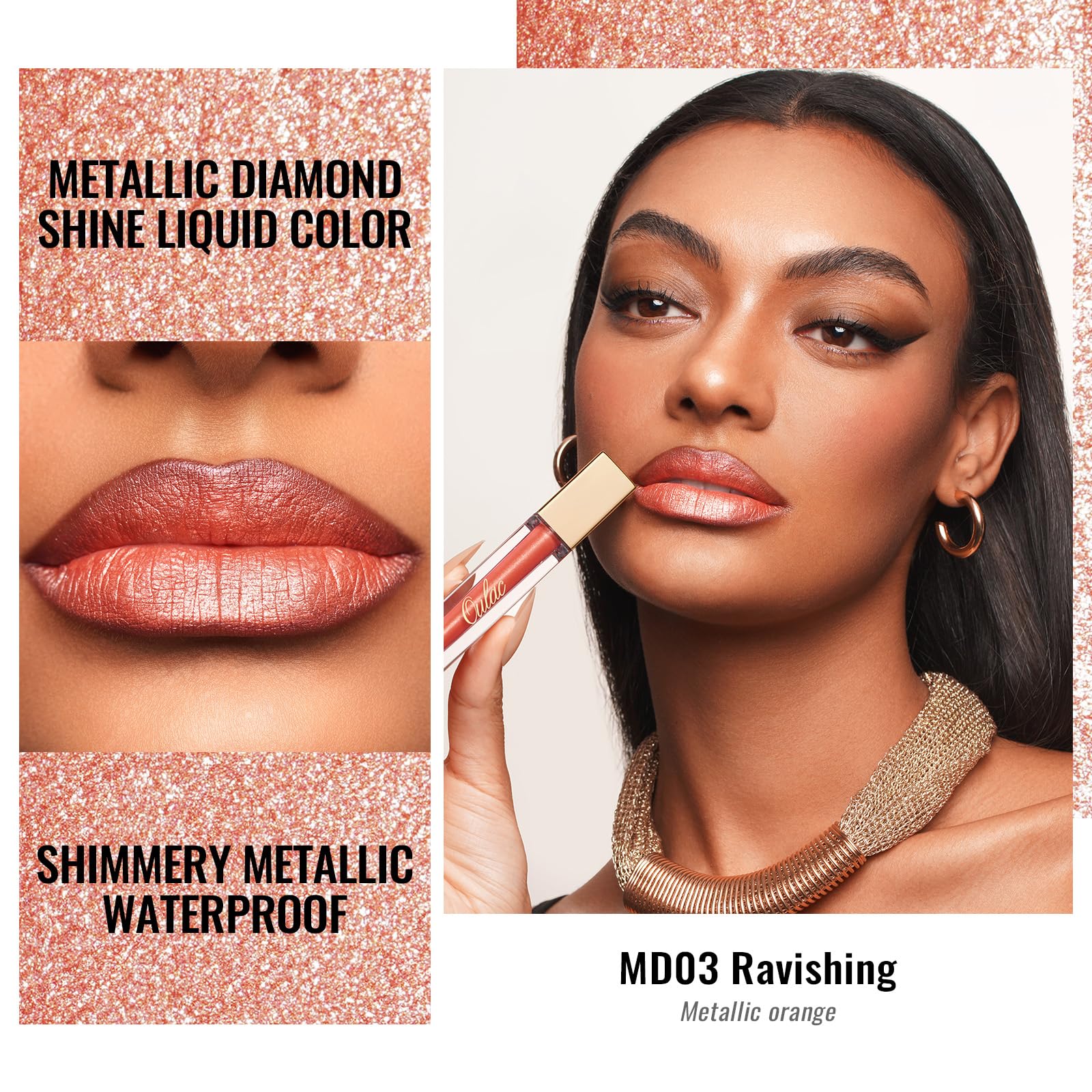 Oulac Orange Lip Gloss Metallic Shine Lipstick For Women, Long Lasting Waterproof, High Impact Lip Color, Smooth Aslo For Eyesha