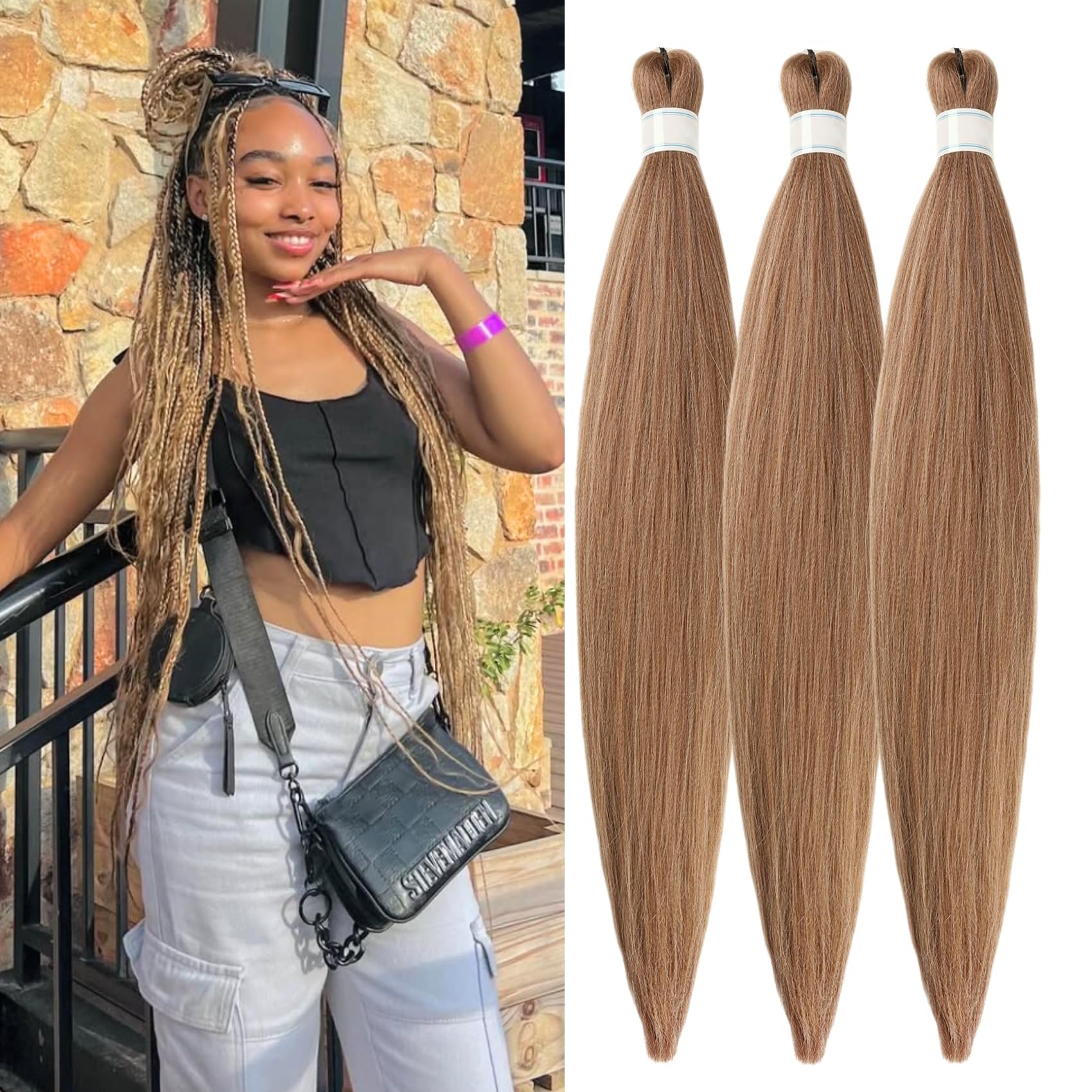 Brown Blonde Braiding Hair Pre Stretched Box Braids Hair Extension for Braiding 27/30/613 Mixed Braiding Hair for Knotless Box B