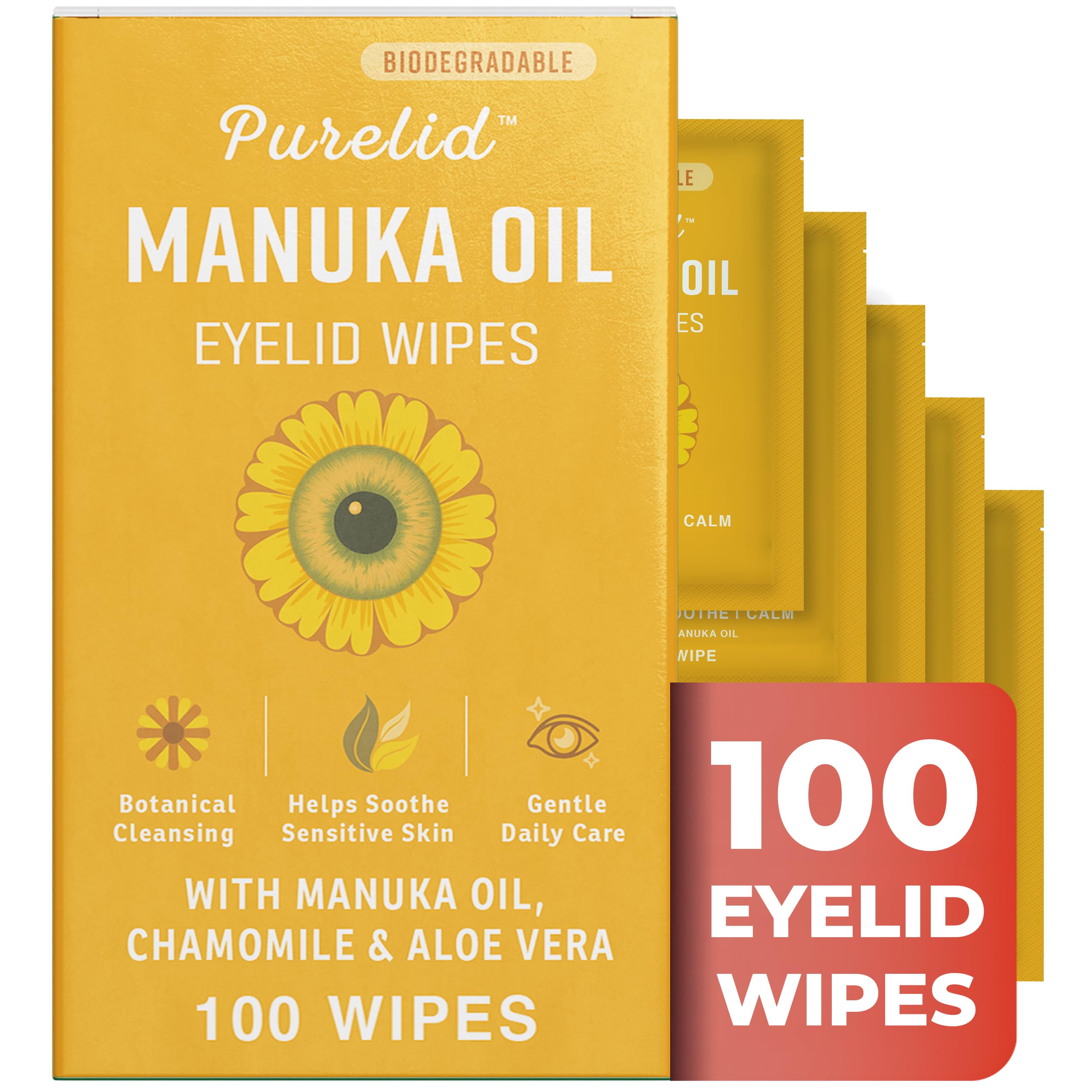 PURELID 100 Pcs Manuka Oil Eyelid Wipes for Sensitive Lid Care & Eye Hygiene, Gentle Daily Eyelid Cleansing Wipes with Chamomile