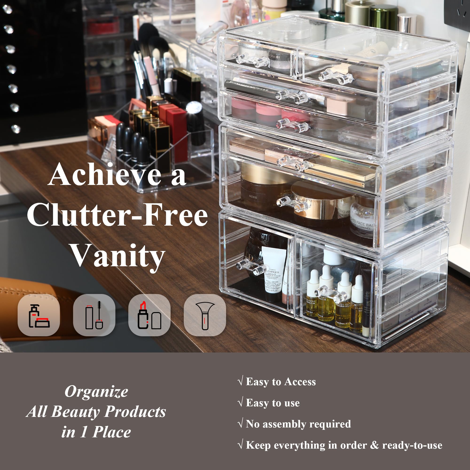 Sea Team 3-Layer Stackable Clear Makeup Organizer with Drawers, Acrylic Plastic Cosmetic Display Case, Jewelry Storage Box, Hold