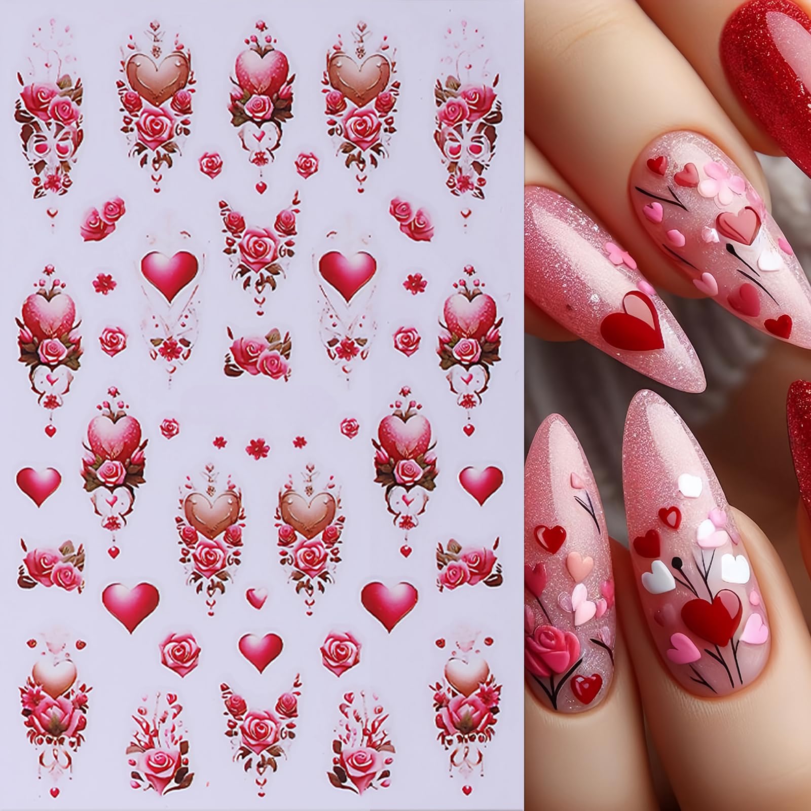 5Pcs Valentine'S Day Nail Art Stickers Rose Heart Flower Nail Stickers 3D Self-Adhesive Love Heart Nail Decals Purple Pink Hollo