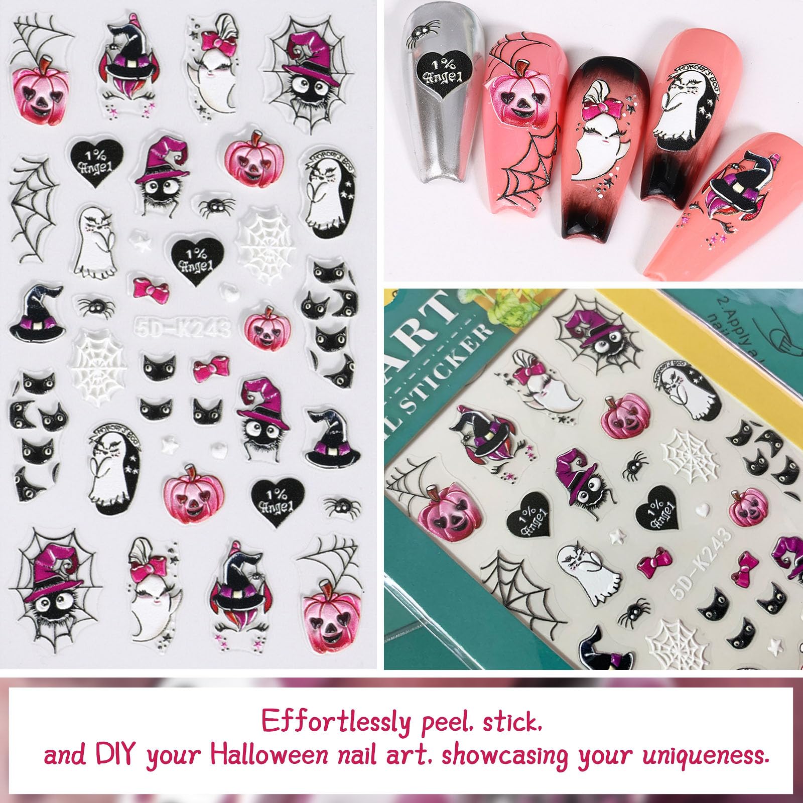 5D Self-Adhesive Nail Stickers For Halloween Nail Decals, Diy Nail Art Design With Bat, Ghost, Pumpkin, Spider Web, Witch, Skull