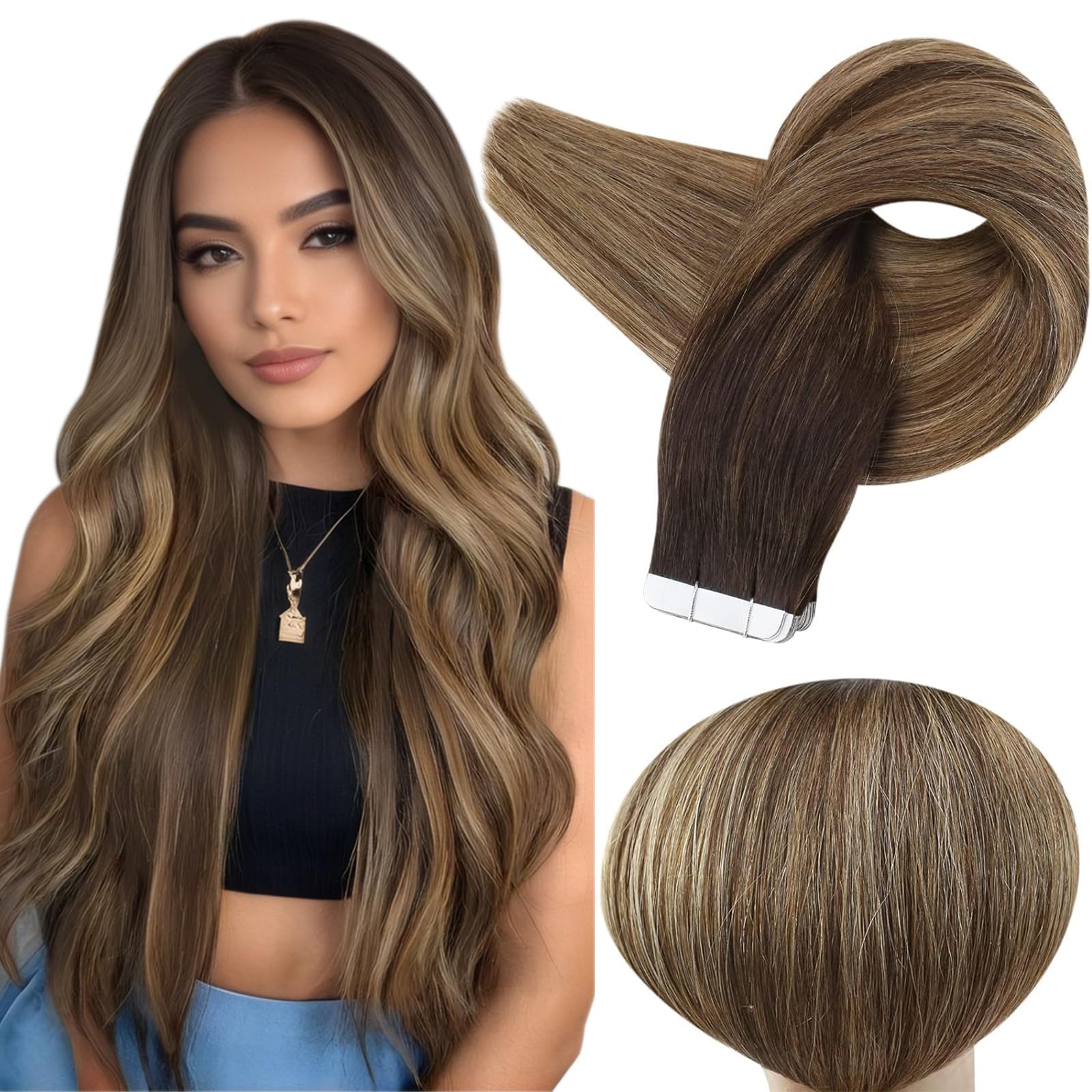 Full Shine Tape In Extension 22 Inch Tape In Human Hair Extensions 50Gram Color 2 Dark Brown To 27 Honey Blonde Mixed 3 Brown In