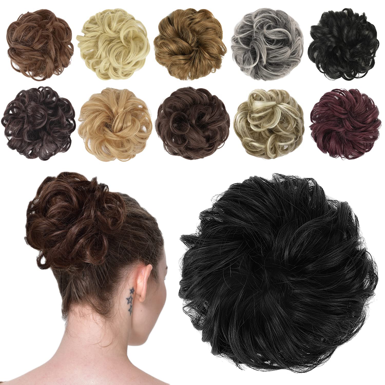 FESHFEN Messy Bun Hair Piece Hair Bun Scrunchies Natural Black Synthetic Wavy Chignon Ponytail Hair Extensions Thick Updo Hairpi