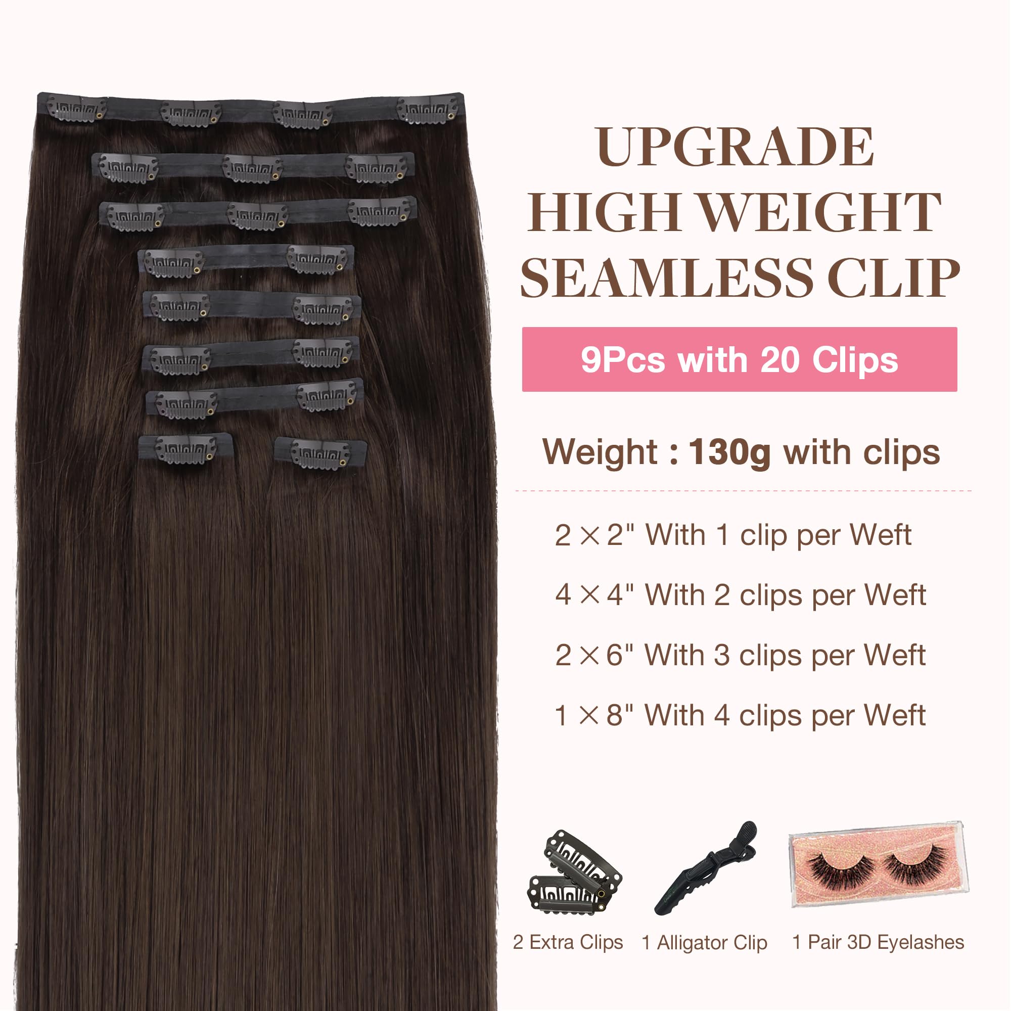 Goo Goo Clip In Hair Extensions Real Human Hair, 14Inch 130G 9Pcs, 2A Light Brown, Remy Human Hair Extensions Clip Ins For Women
