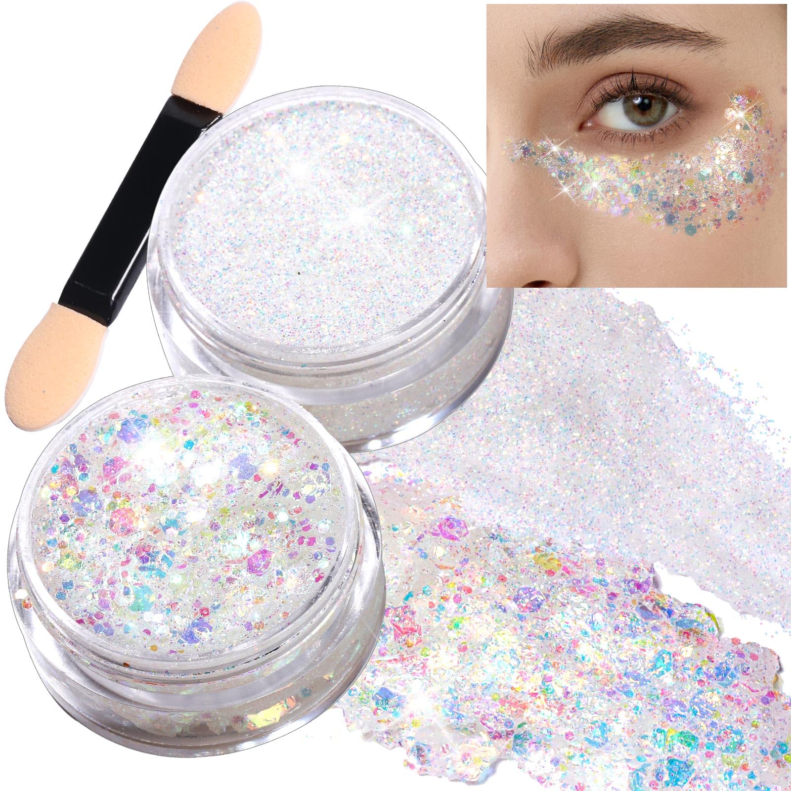 Teenitor Face Glitter, 2pcs Body Glitter Gel, Hair Glitter Gel, 20g/0.7oz Versatile Glitter Set for Face, Body, Hair, 2 Sizes Wh