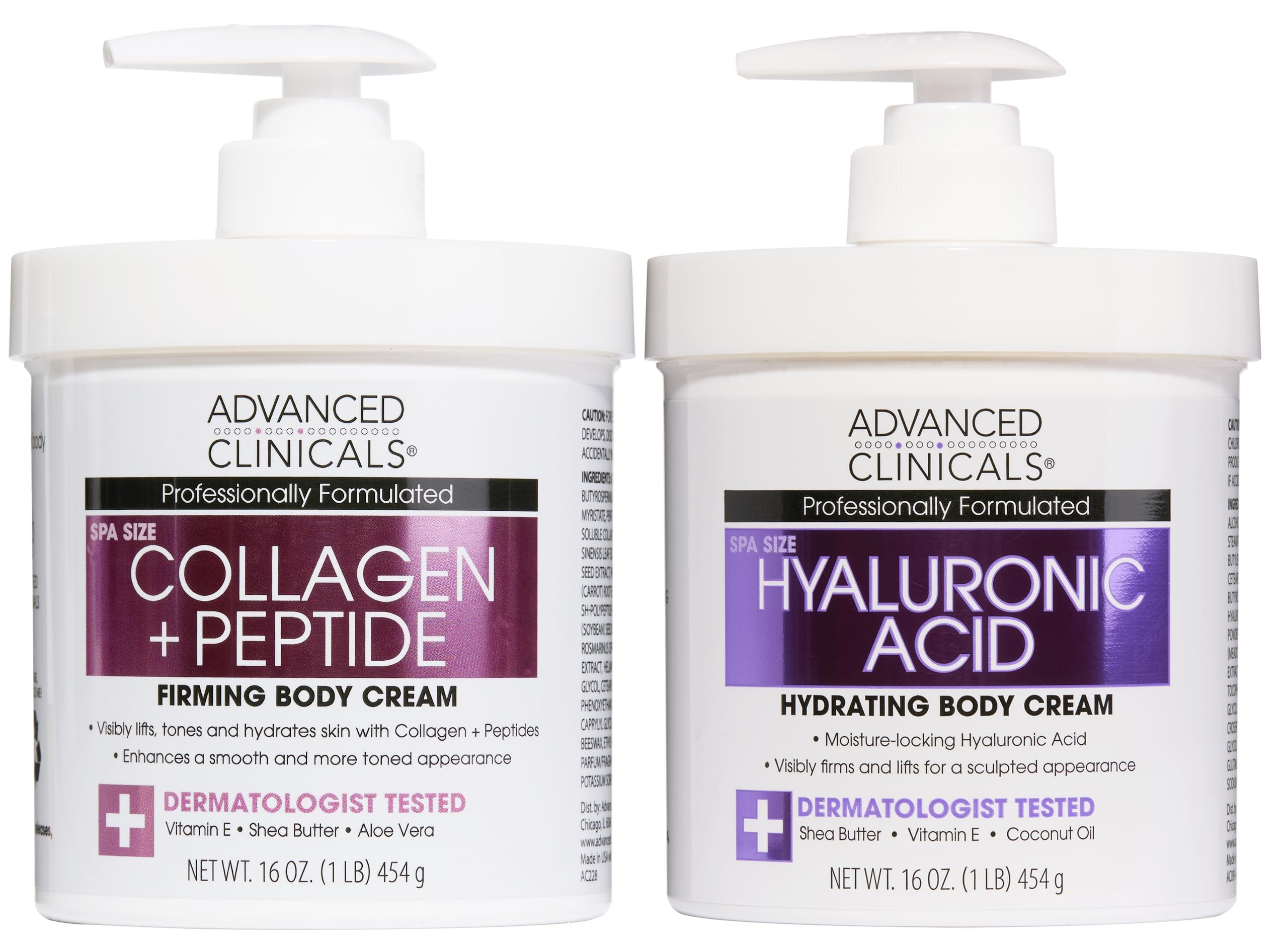 Advanced Clinicals Collagen Peptides Body Lotion + Hyaluronic Acid Moisturizer 2PC Skincare Set For Women & Men | Dry Skin Moist