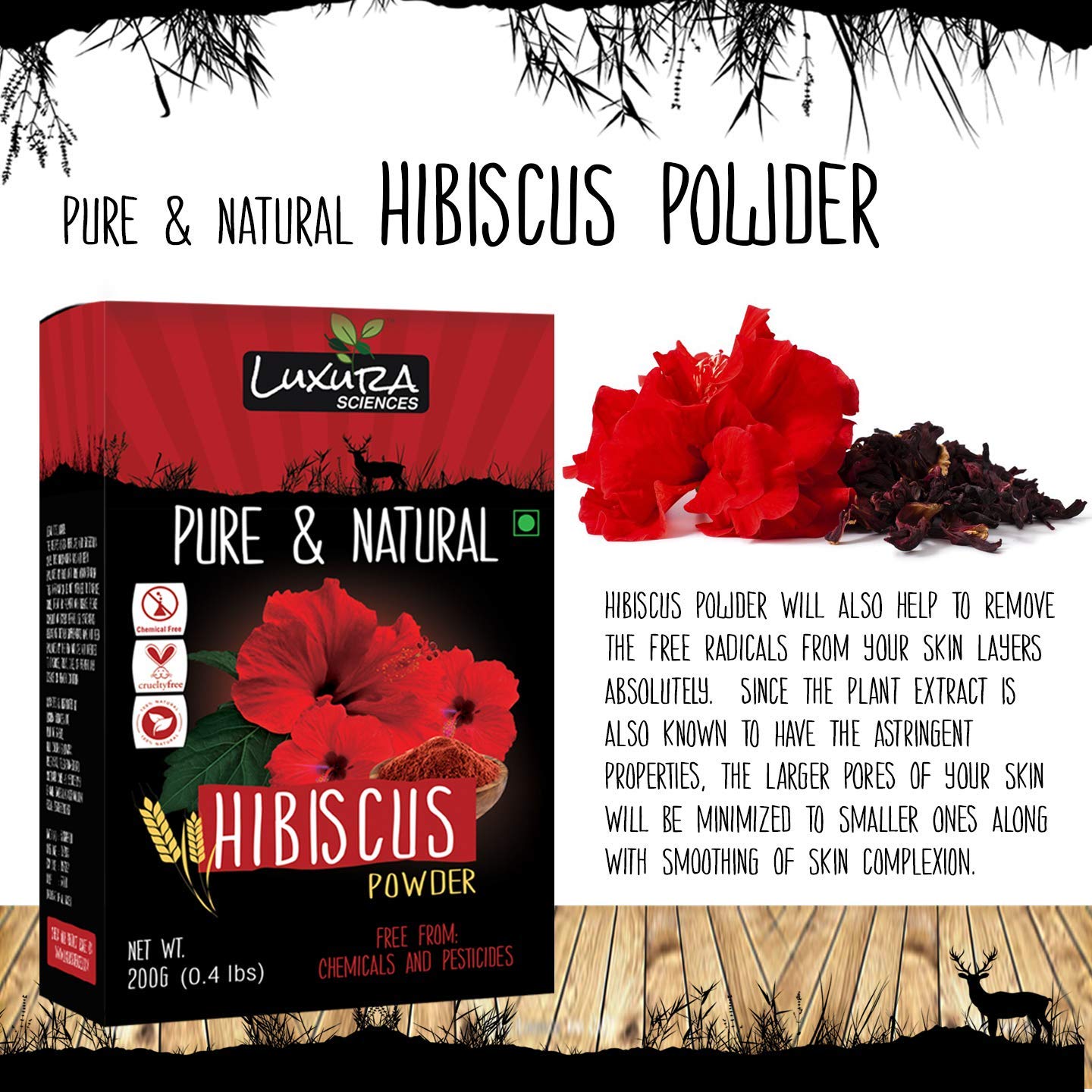 Luxura Sciences Organic Hibiscus Powder for Healthy Hair Growth & Loss Control | Gives Thicker Eyebrows & Healthy Skin | Natural