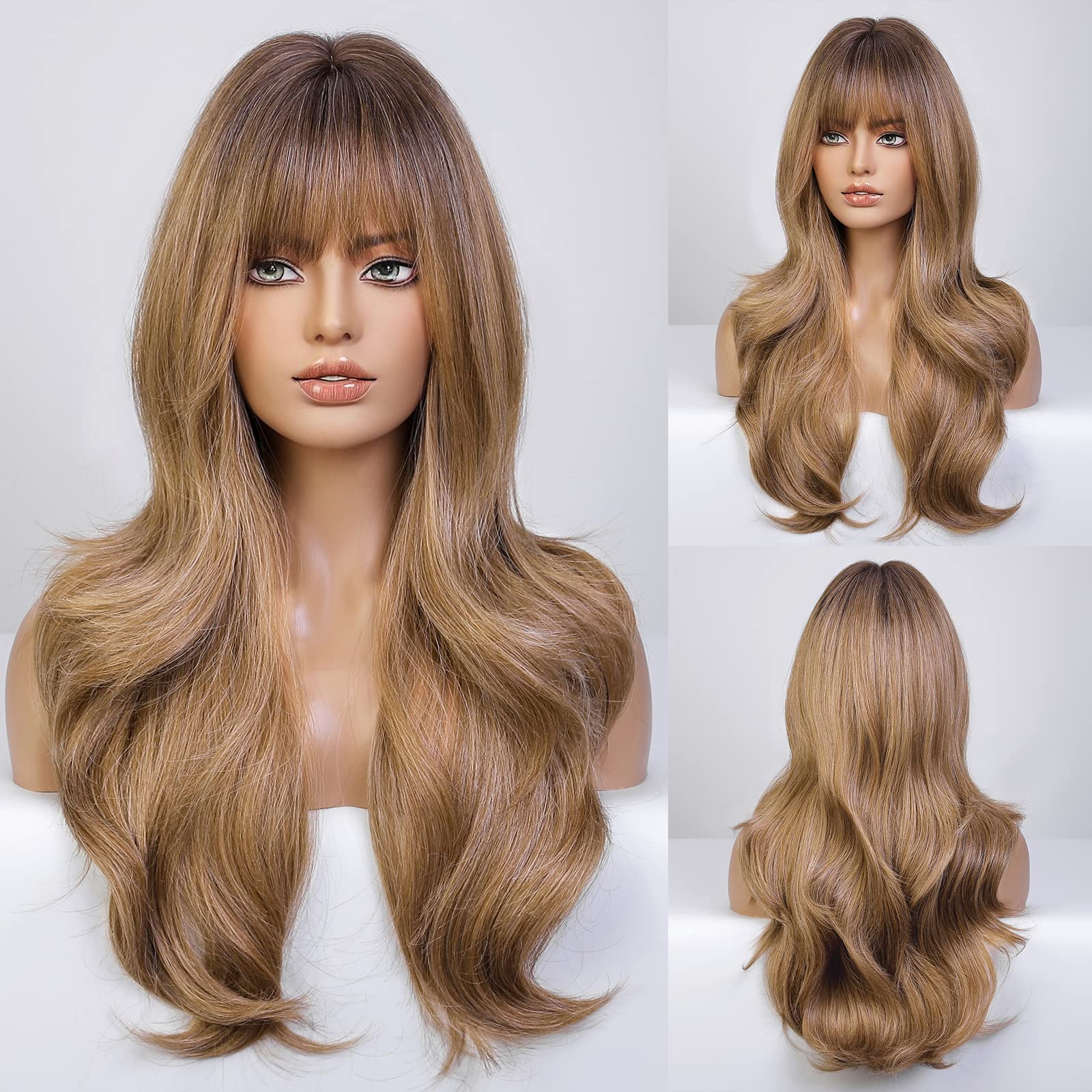 Haircube Light Brown Long Curly Wig With Bangs Heavy Blonde Natural Appearance Heat-Resistant Synthetic Wig Suitable For Fashion