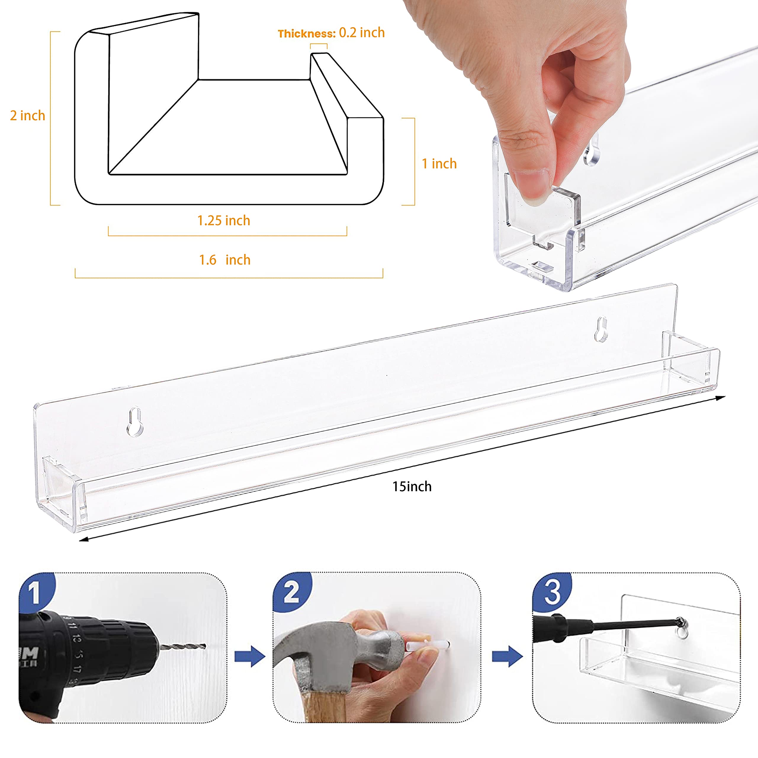 Baosia 2 Pack Invisible Acrylic Floating Bookshelf For Kids Room,15 Inch Clear Nail Polish Rack Wall Mounted,Small Toy Storage W