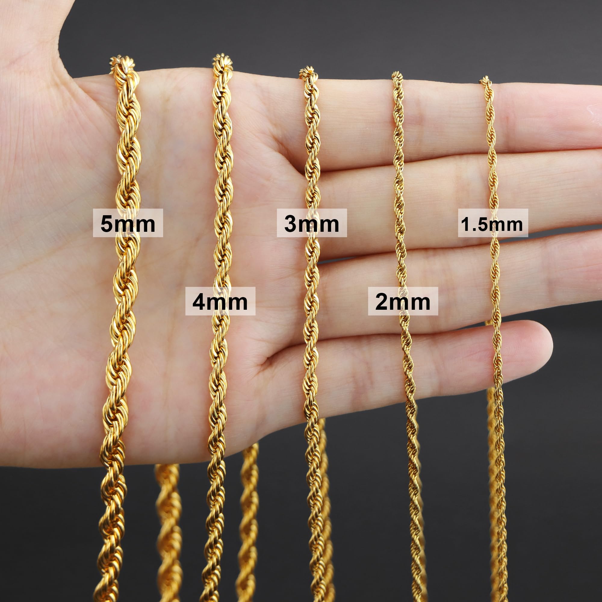 Giftall 3MM Rope Chain Necklace Stainless Steel Twist Rope Chain Necklace for Men Women 18 Inches 18K Real Gold Plated