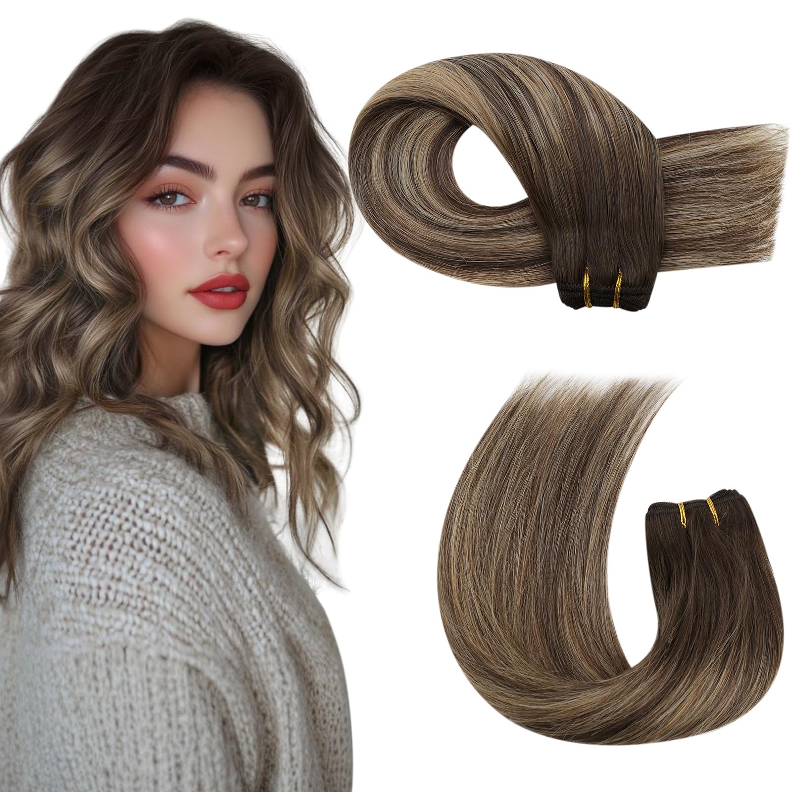 Moresoo Human Hair Weft Extensions Balayage Double Weft Sew In Hair Extensions Real Human Hair Ombre Dark Brown Mixed With Caram