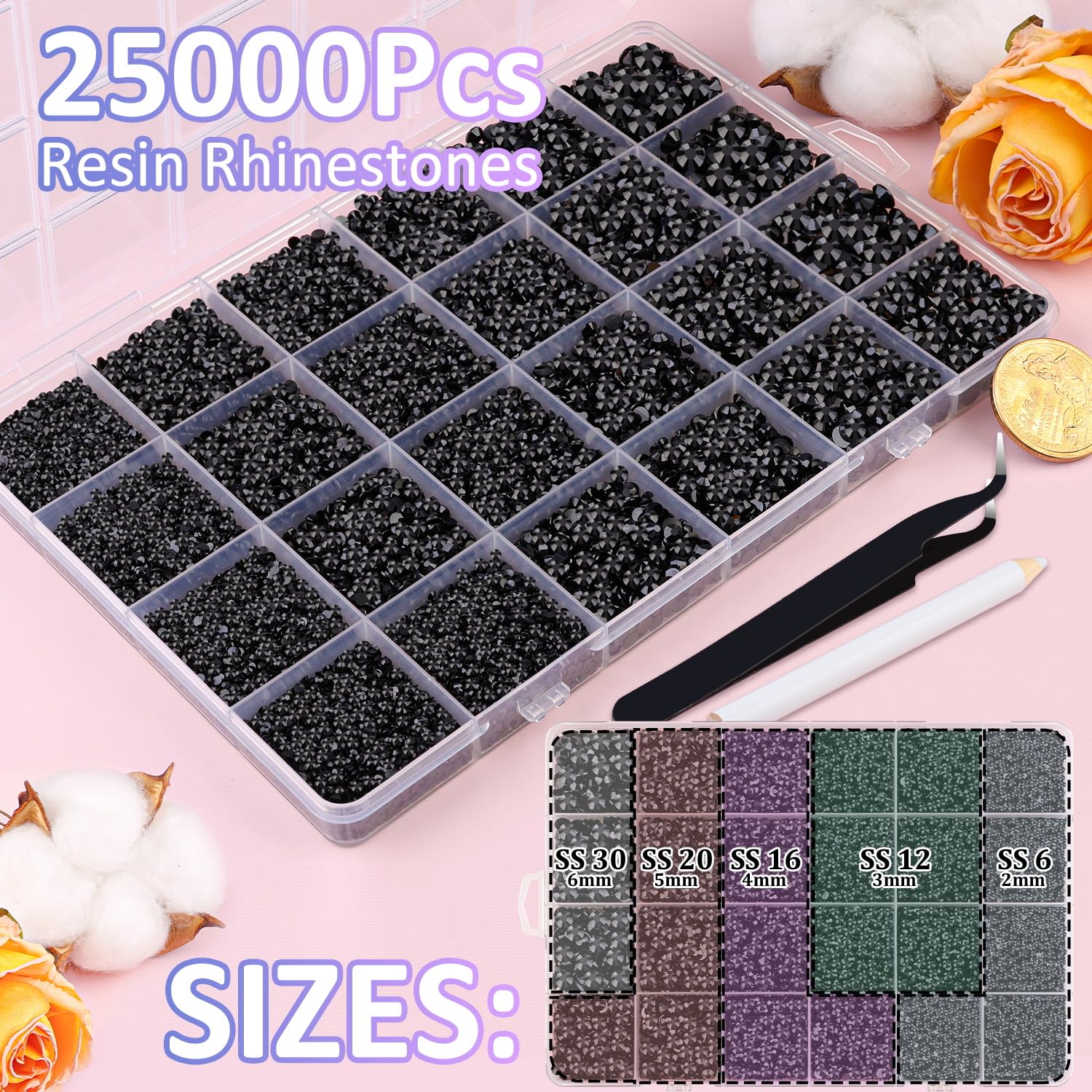25000Pcs Resin Jelly Rhinestones For Crafting, Black 2-6Mm Mixed Sizes Non Hotfix Flatback Gems, Bedazzling Crystal For Diy Craf