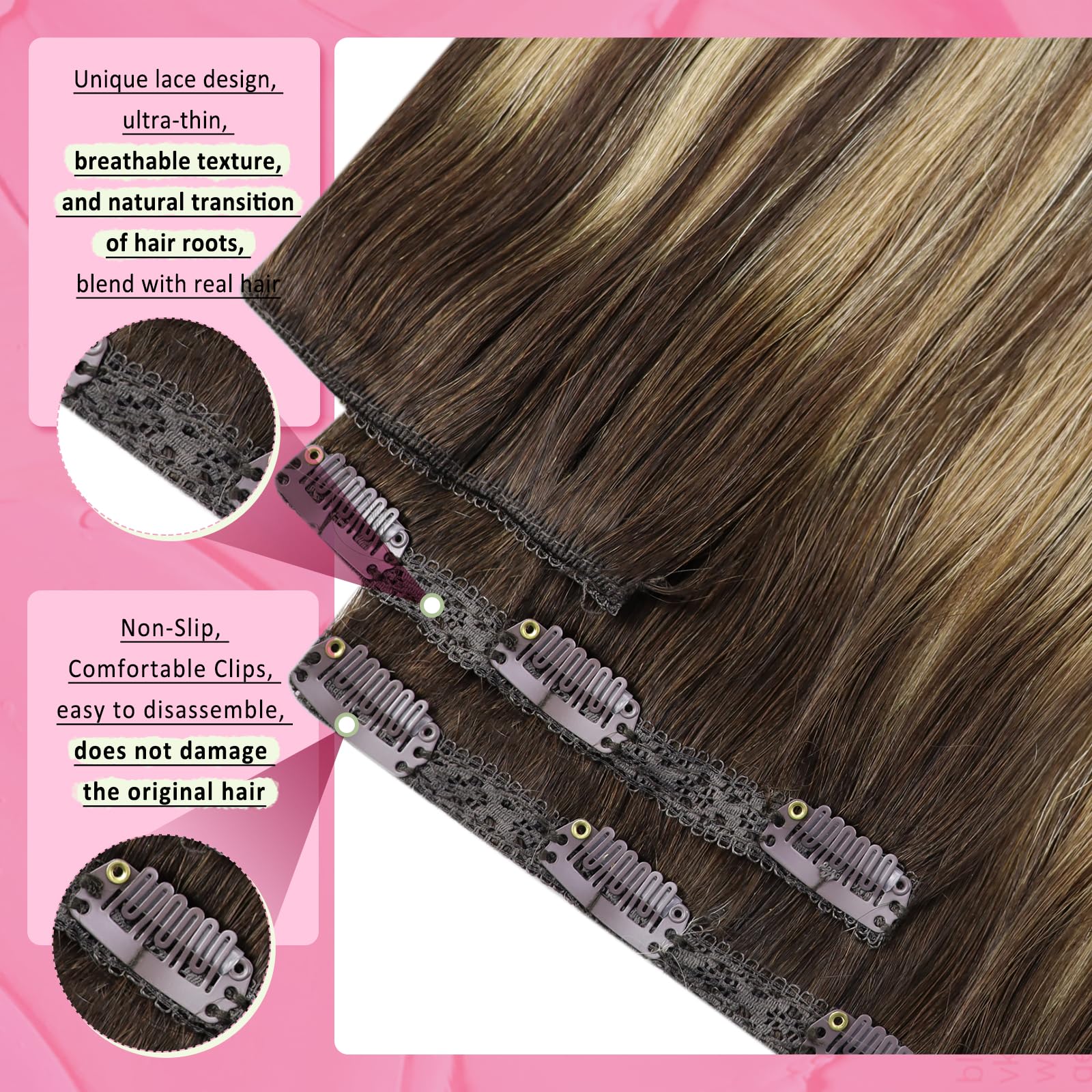 YoungSee 135g Clip in Extensions Real Human Hair Brown Balayage Clip in Real Hair Extensions Balayage Chocolate Brown Mix Carame