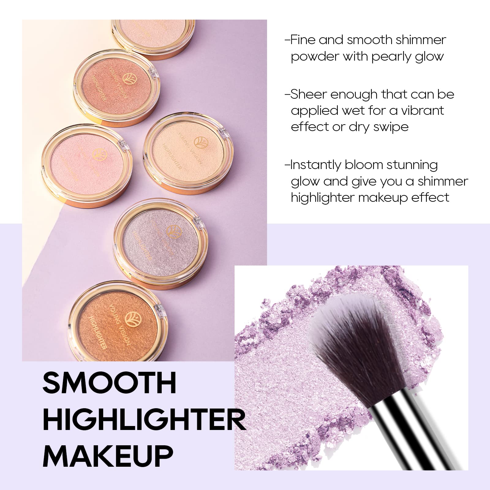 Freeorr Baked Purple Highlighter Powder Palette, Makeup Highlighter Powder Palette Sheer Shimmering Finish Face Highlighters Mak