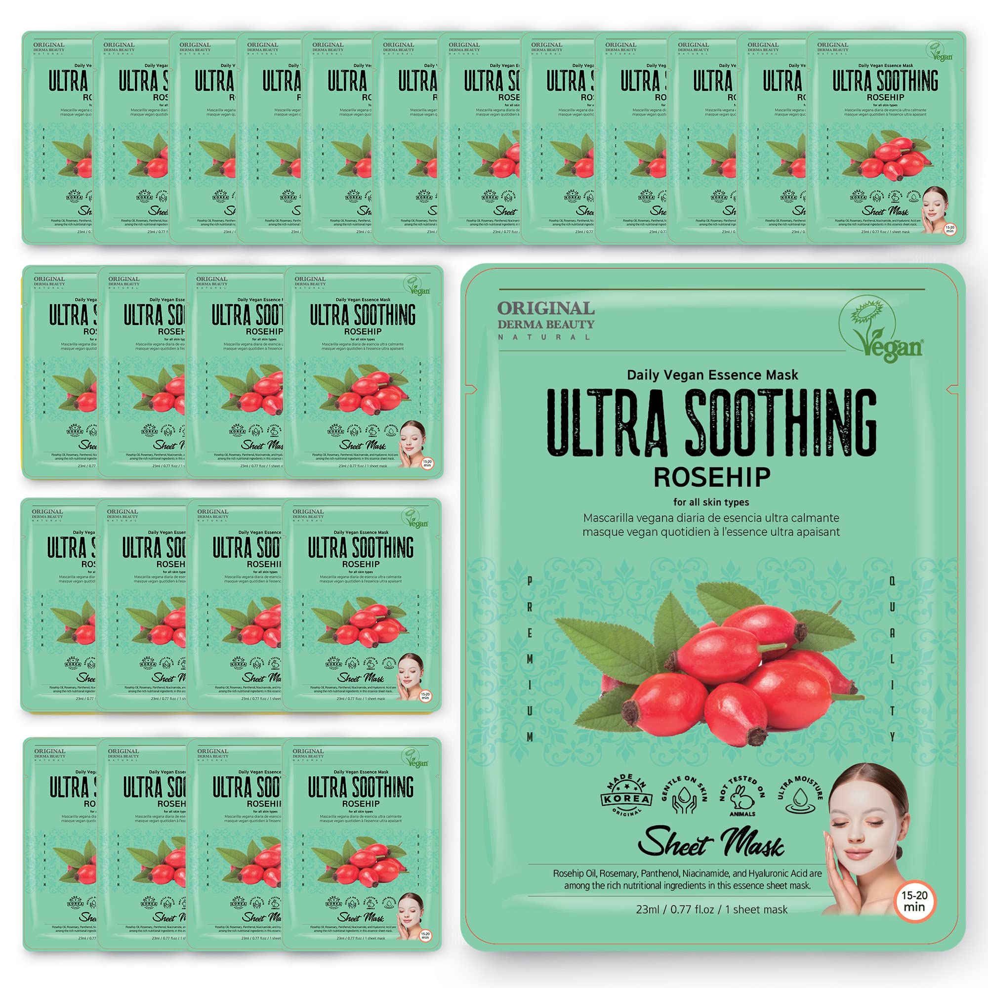 Innerest Original Derma Beauty Collagen Face Masks 24 Pk Vegan Ultra Soothing Rosehip Face Mask Skin Care Sheet Masks Set For Be