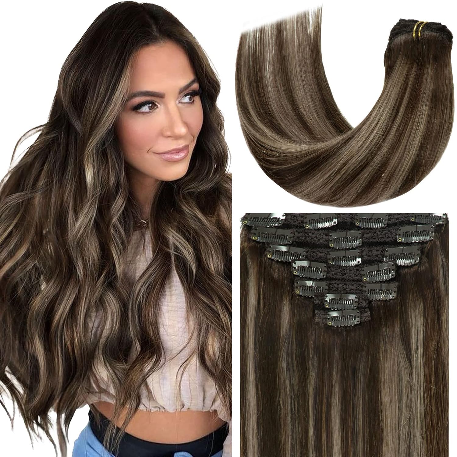 Loxxy Clip in Hair Extensions Real Human Hair Ombre Chestnut Brown Mixed Dark Brown with Dark Brown Roots Double Weft Remy Hair 