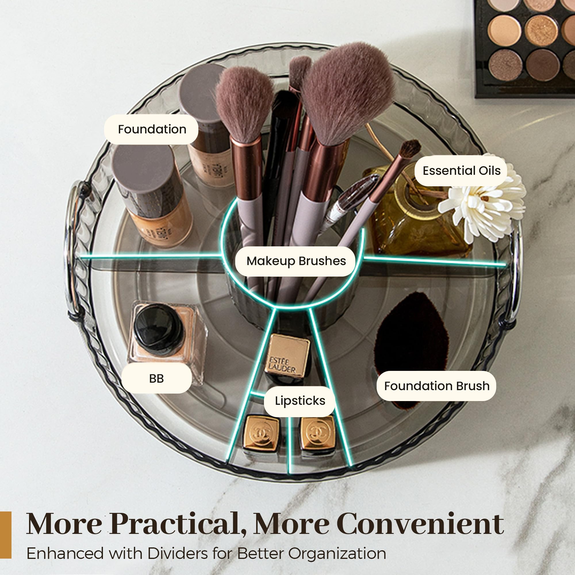 Aveniee 360 Rotating Makeup Organizer For Vanity, Upagraded Perfume Skincare Bathroom Counter Organizers With Brush Divider, 3 T