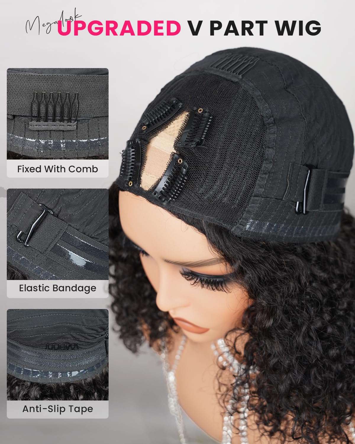 Megalook V Part Wig Human Hair Half Wigs For Black Women U Part Human Hair Wig Curly Bob Wigs 180% Density Deep Wave Wig U Part
