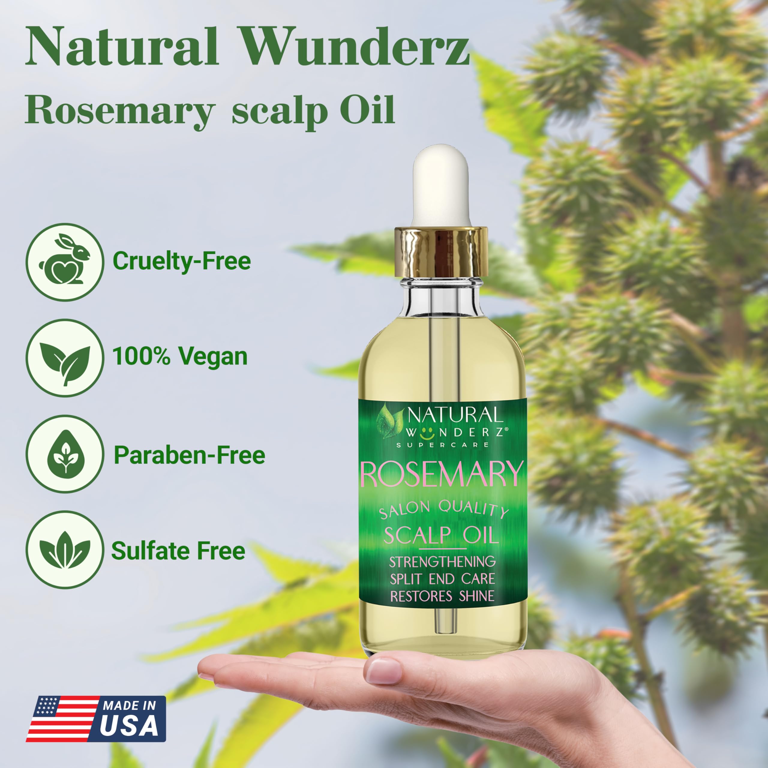 Natural Wunderz Rosemary Hair Oil, Supports Hair Growth, Thickening Serum And Strengthening Split End Case For Dry And Damaged H