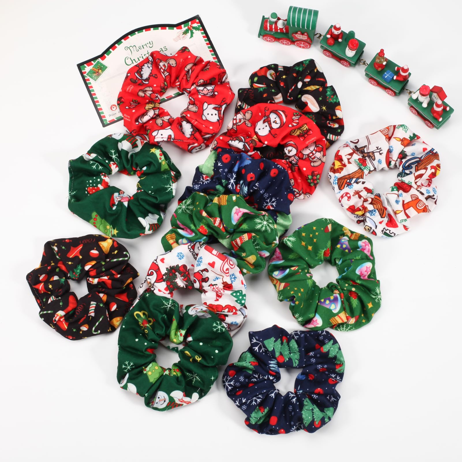 12Pcs Christmas Hair Scrunchies Cute Elastic Scrunchy Ponytail Holder Hair Ties For Women Girls Green Santa Claus Snowman Stocki