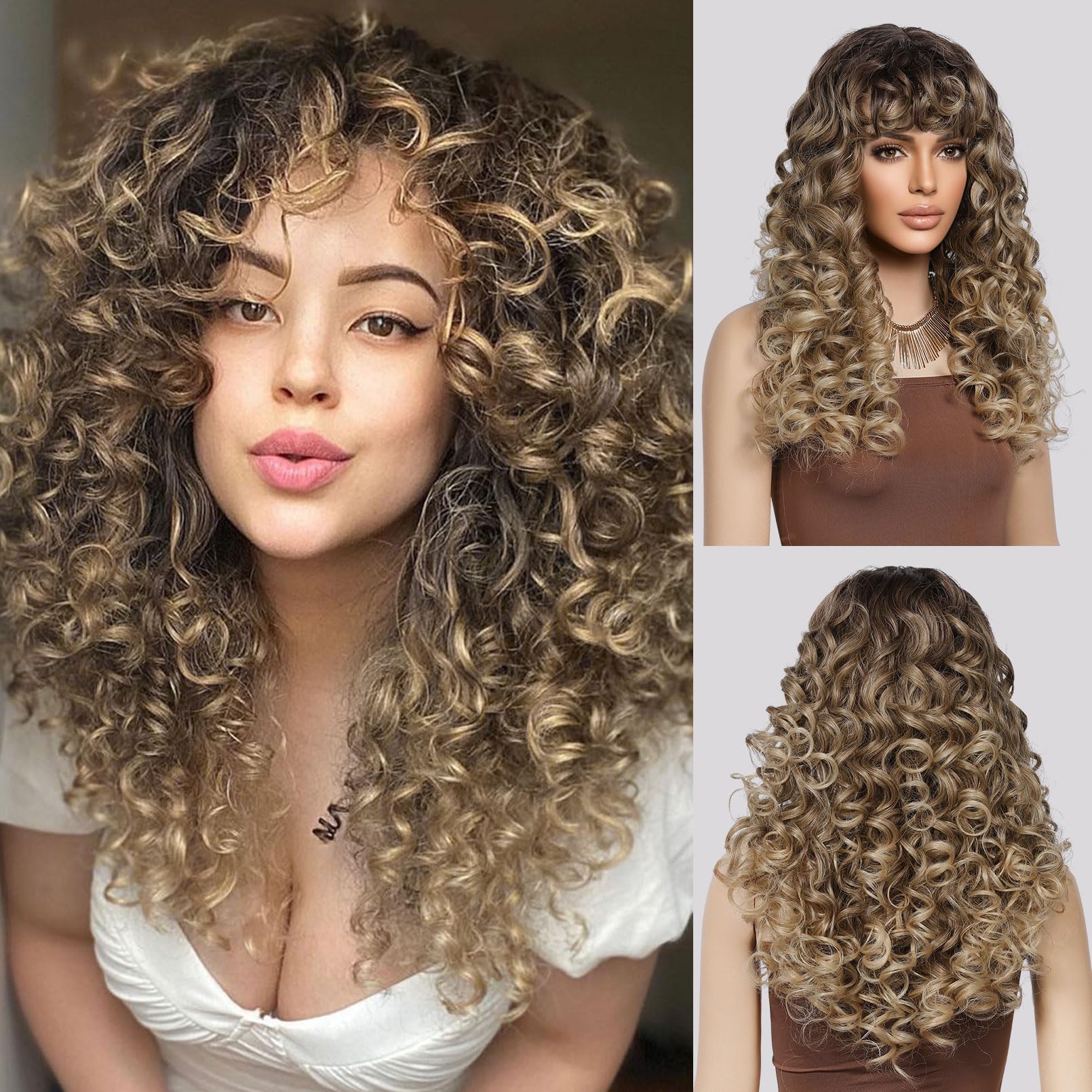 LONAI Curly Wig with Bangs for Women Long Honey Blonde Kinky Wigs with Bangs WIG006 Curly Shag Synthetic Wig for Daily Use Party