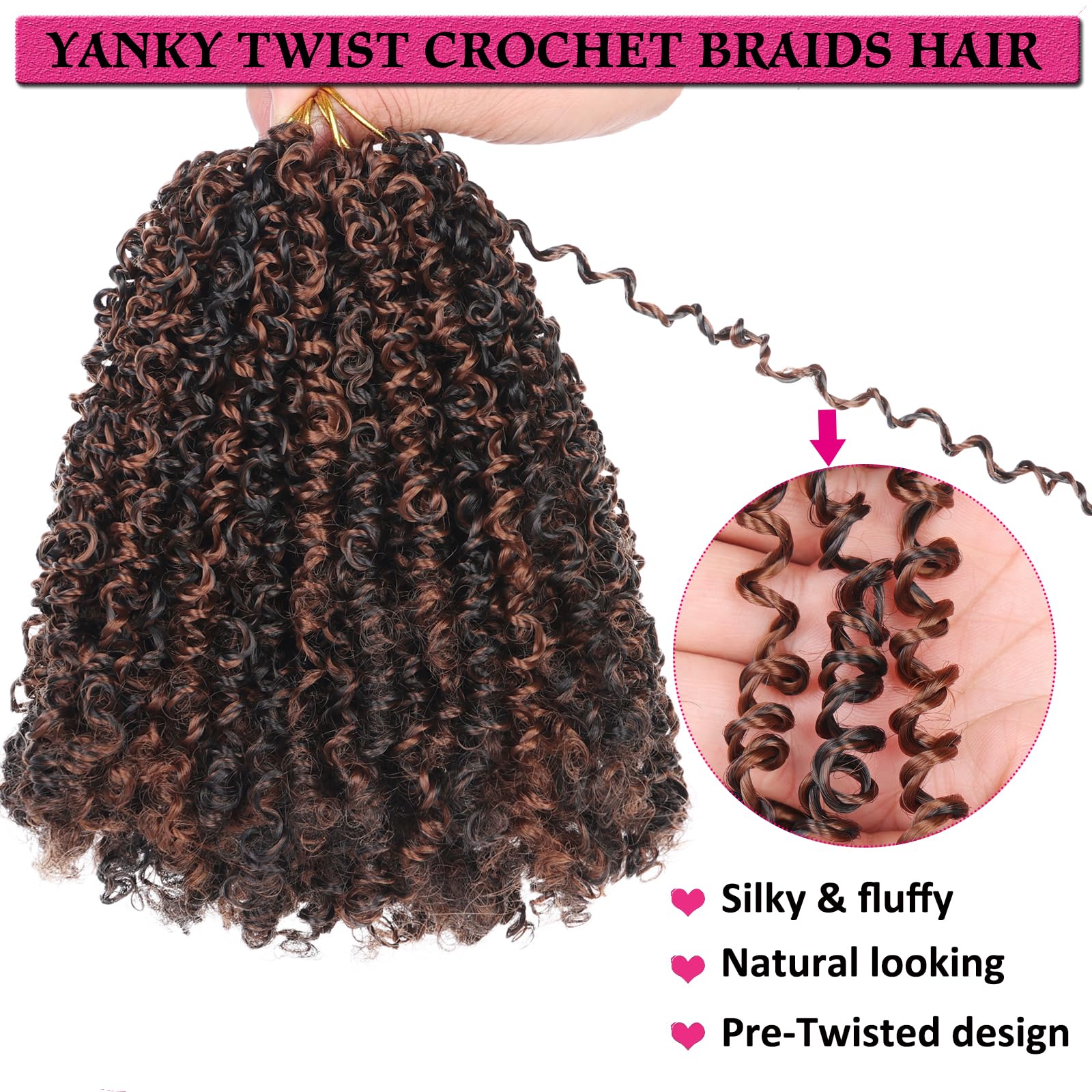 Unionbeauty Pre-Twisted Yanky Twist Crochet Braids Hair 8 Inch 8 Packs Ombre Brown Spring Twists Hair Micro Passion Twists Croch
