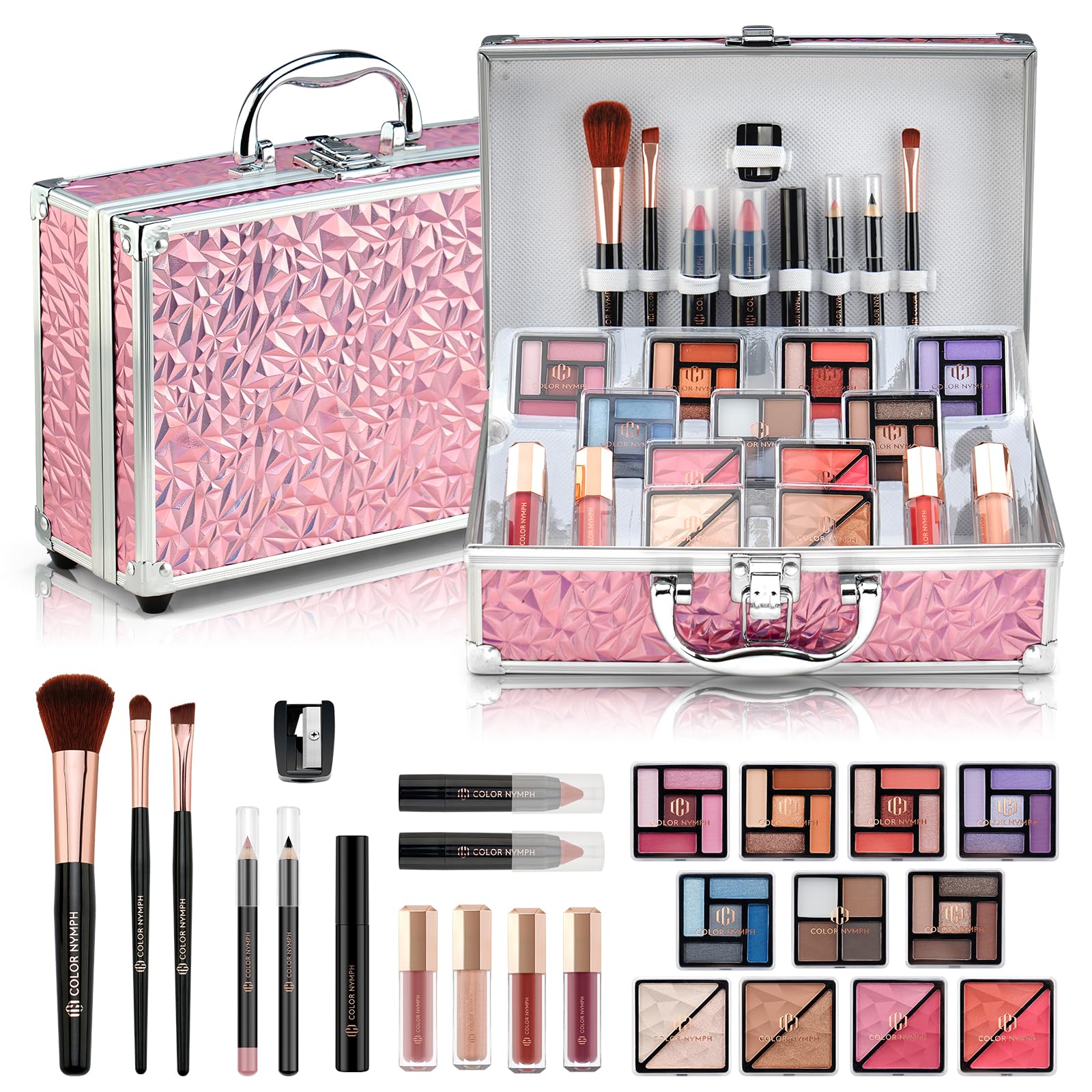 Color Nymph Starter Makeup Kit for Tweens Girls, Train Case for Women Full Kit with Eye Shadow, Lipstick, Blush, Brushes, Lipglo