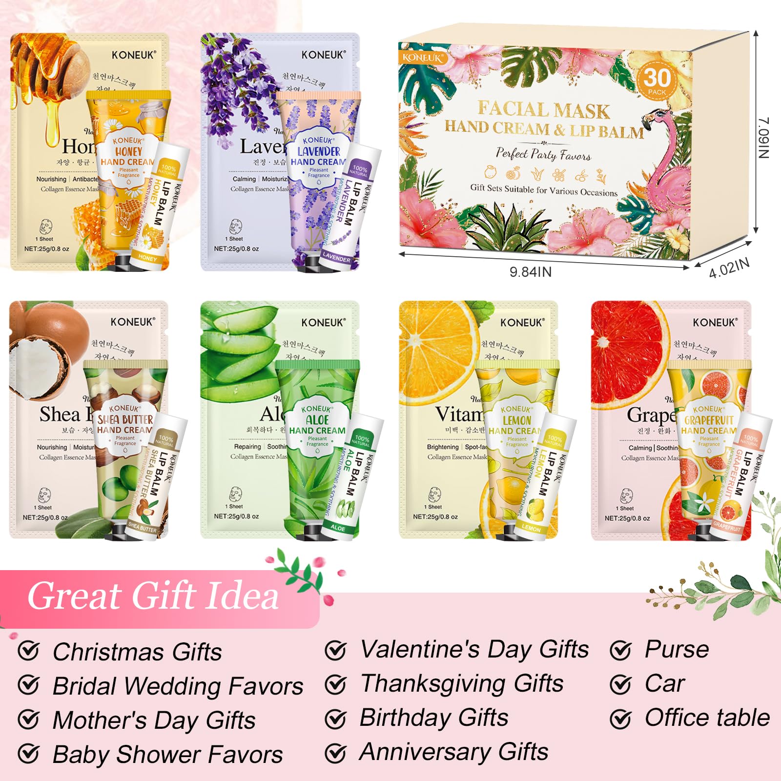 Koneuk 30 Pack Bulk Facial Mask, Bulk Hand Cream And Bulk Lip Balm Sets, Valentines Day Gifts For Her, Bridal Shower Favors And