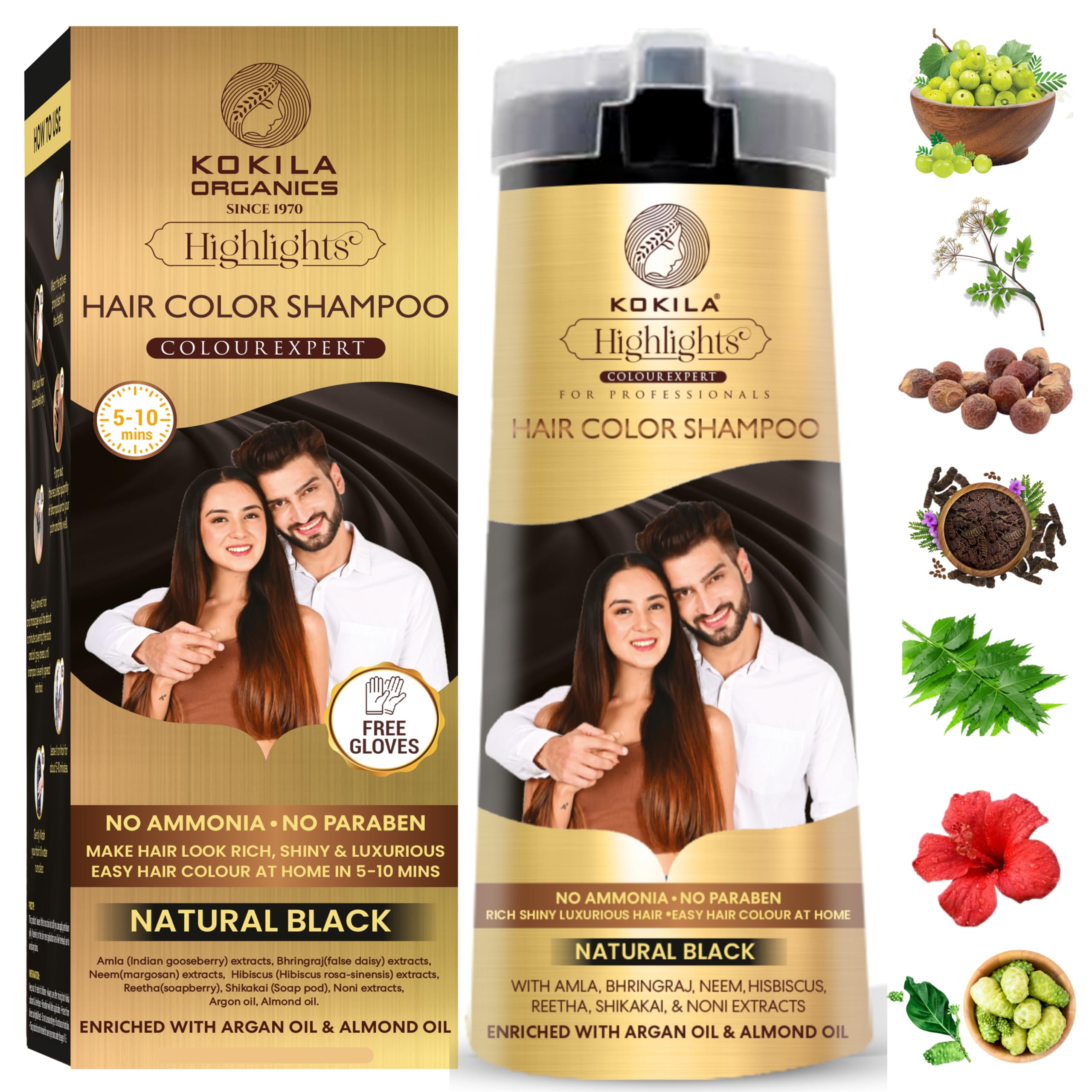 Kokila Hair Color Shampoo For Men & Women | No Ammonia - No Paraben | 10 Pair Free Gloves, Natural Black 400Ml