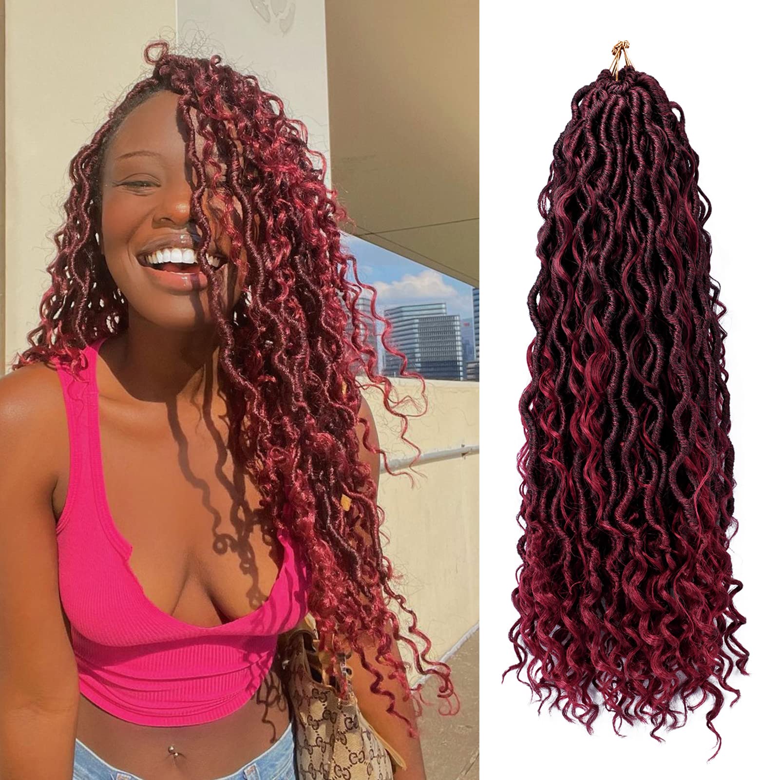 Goddess Locs Crochet Hair 18 Inch 7 Packs Ombre Burgundy Boho Faux Locs Crochet Hair for Black Women Pre Looped Crochet Locs wit
