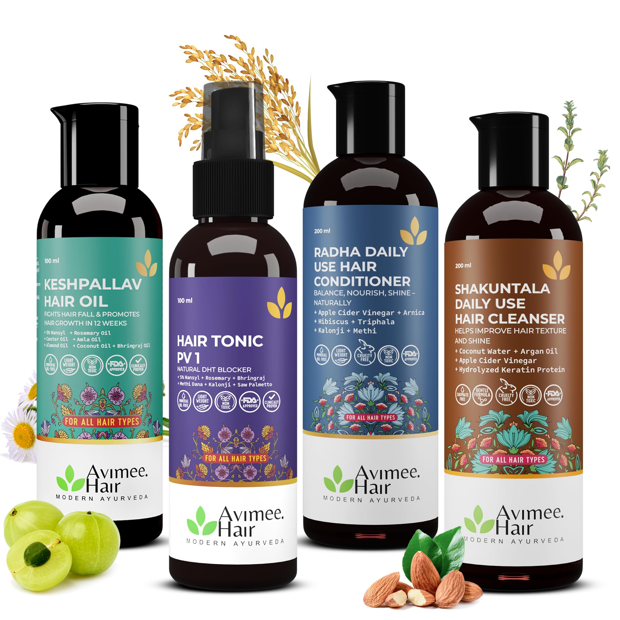 Avimee Herbal Keshpallav Hair Oil (100 ml) & Hairtone PV 1 Scalp Spray (100 ml) & Shakuntala Hair Shampoo (200 ml) & Radha hair 
