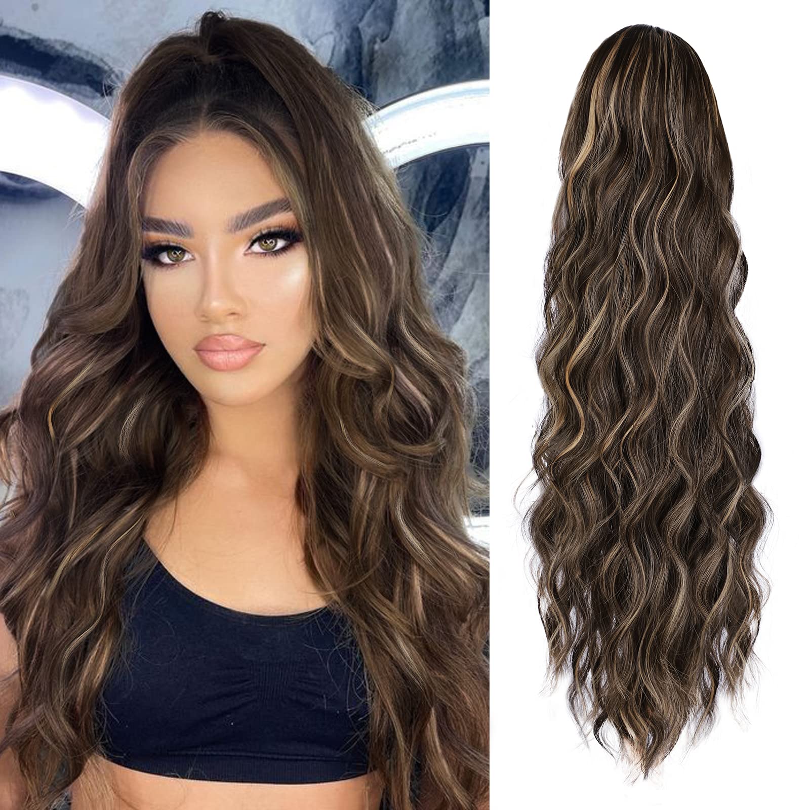 FREEMEIGE Long Wavy Drawstring Ponytail Extension for Black Women Synthetic Clip in Pony Tail Hairpieces 26 inch Curly Ponytail 