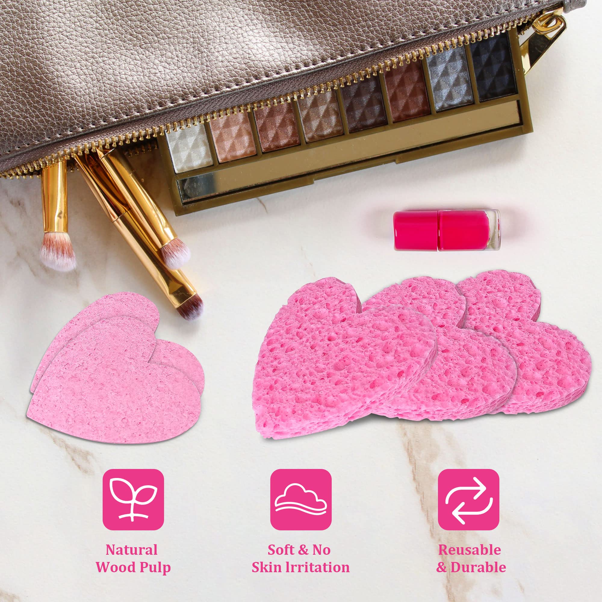 60-Count Kickleen Compressed Cellulose Heart Shape Facial Sponges | 100% Natural Cosmetic Spa Sponges For Facial Cleansing | Exf