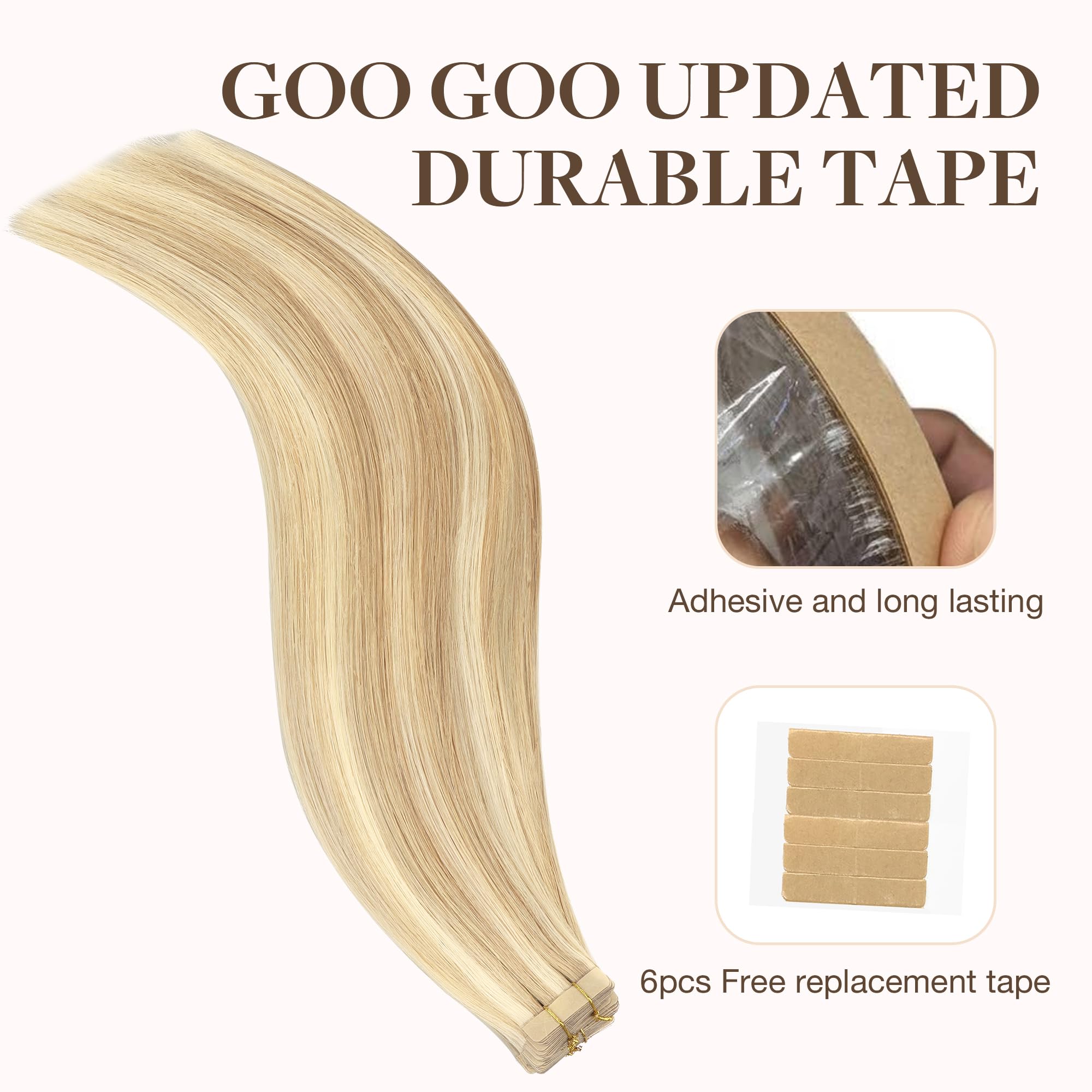 Goo Goo Tape In Hair Extensions Human Hair, 18D/22F Dirty Blonde Highlights, 10Inch 60G 40Pcs, Thick Ends Straight Seamless Tape