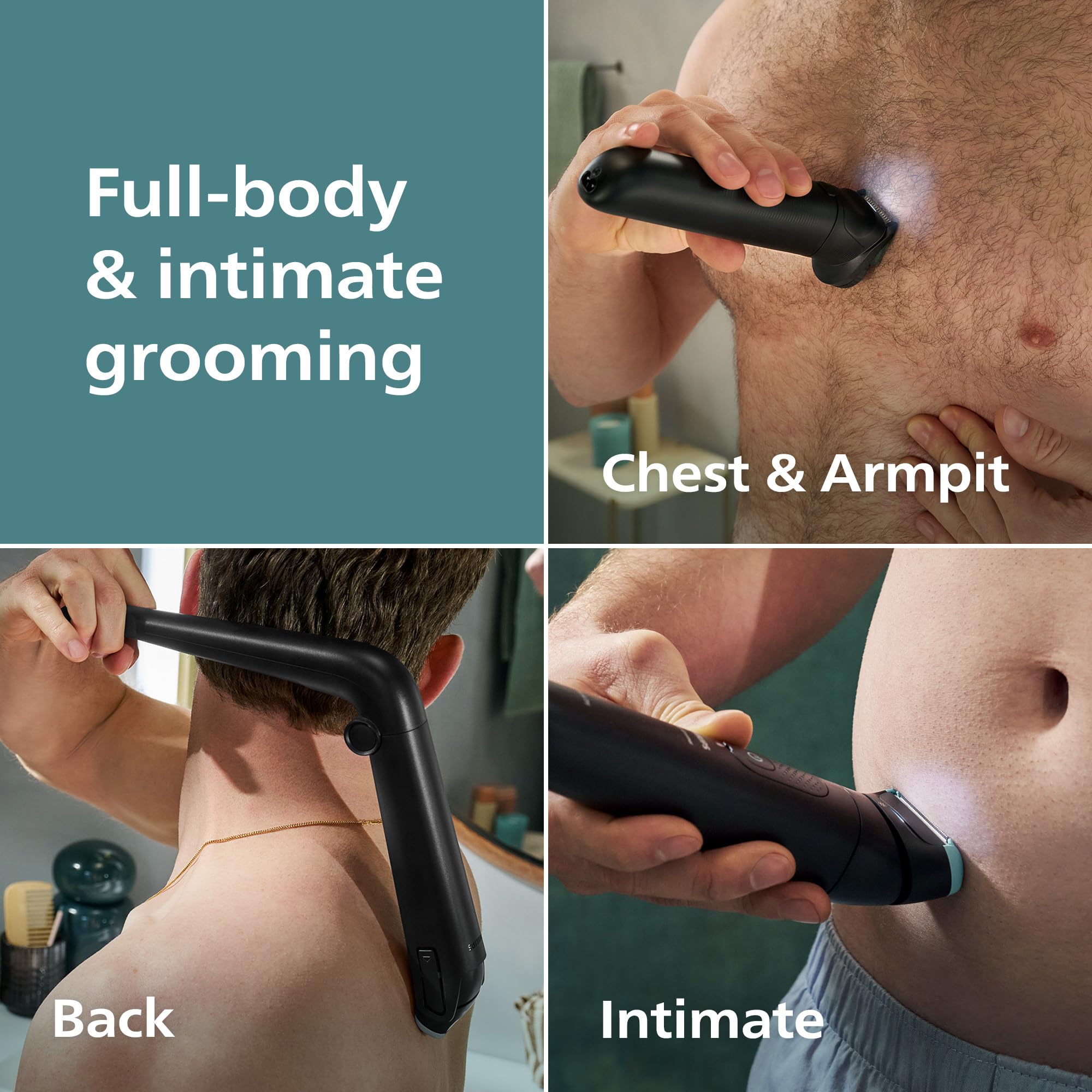 Philips Norelco Body Groomer 7000, Whole Body Trimmer, 100% Showerproof, BG7480/50, Black, Contour-Following Flexing Head