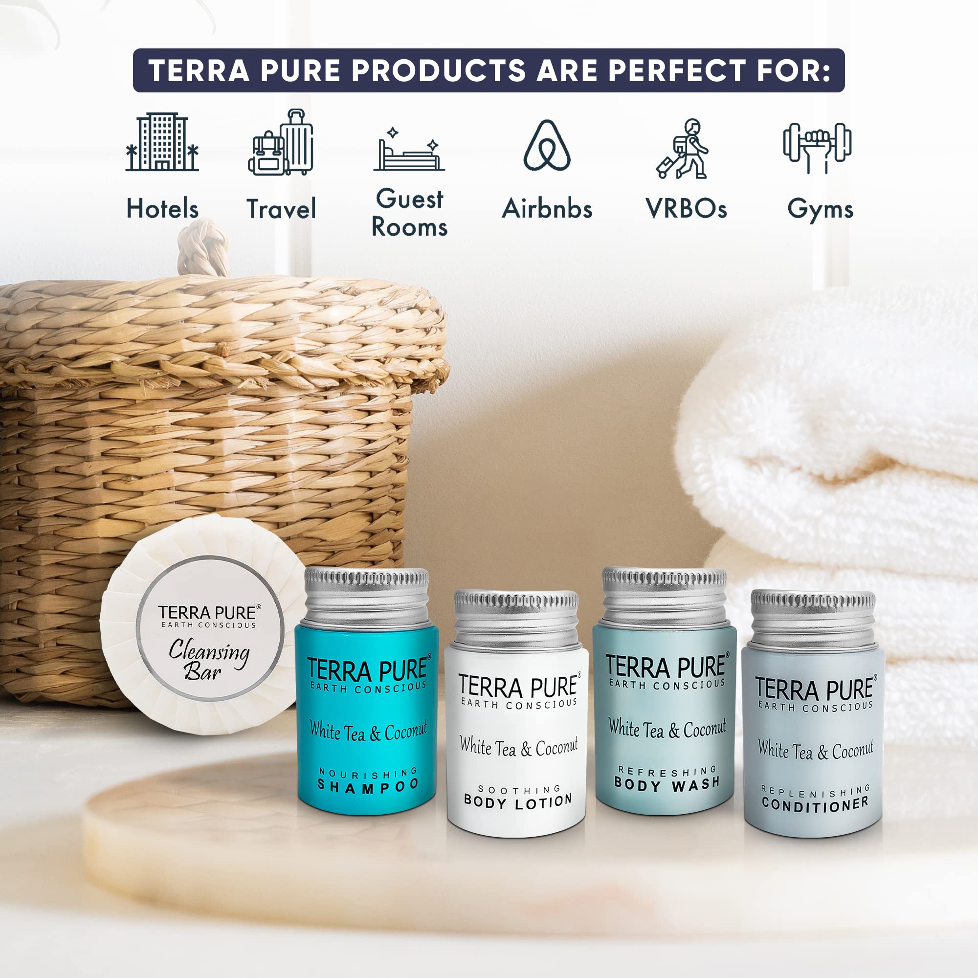 Terra Pure White Tea And Coconut Hotel Soaps And Toiletries Bulk Set |1-Shoppe All-In-Kit For Hotels | 1Oz Shampoo & Conditioner